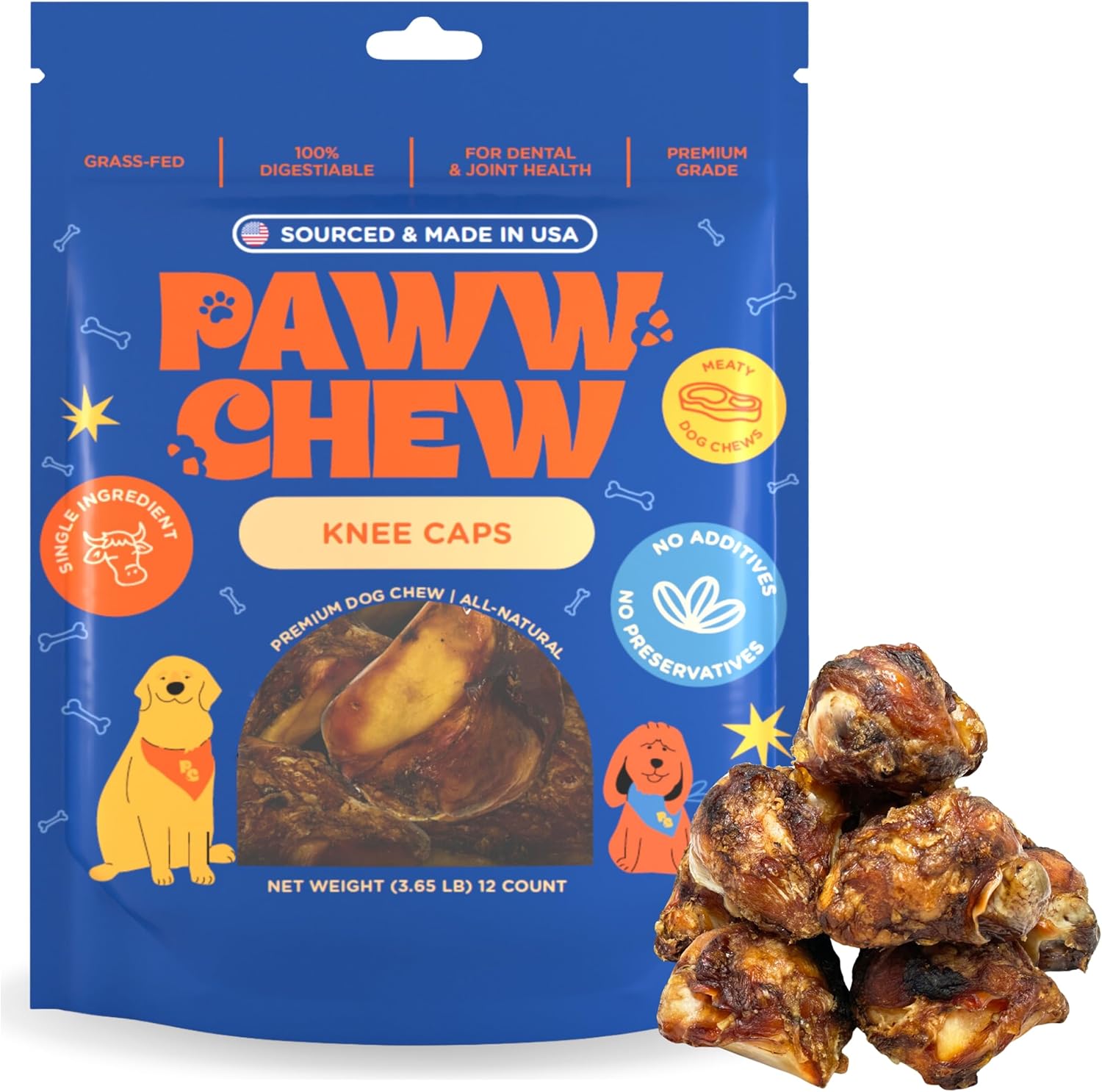 Paww Chew Knee Caps for Dogs, 100% Natural, Single Ingredient (12 Pack) Made and Sourced in the USA, High Protein, Grass-Fed Beef Knee Caps & Knuckle Bones, Long Lasting Cow Knee Caps, Meaty Dog Bones