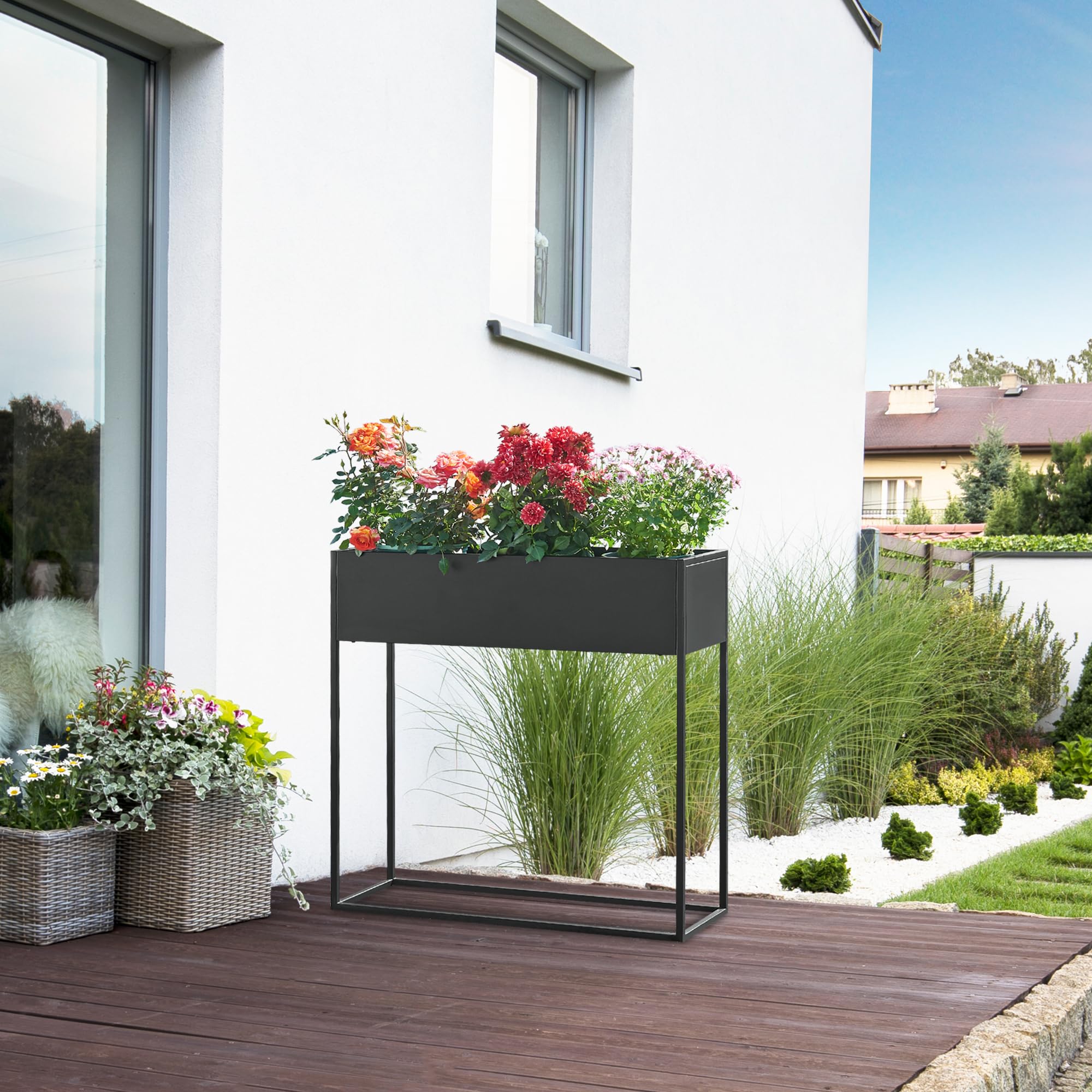 [en.casa] Porte-Plantes Surélevé avec Bac à Fleurs Support de Plantes Jardinière Intérieur et Extérieur Design Intemporel Stable Épuré pour Salon Terasse Balcon Acier 80 x 80 x 25 cm Noir