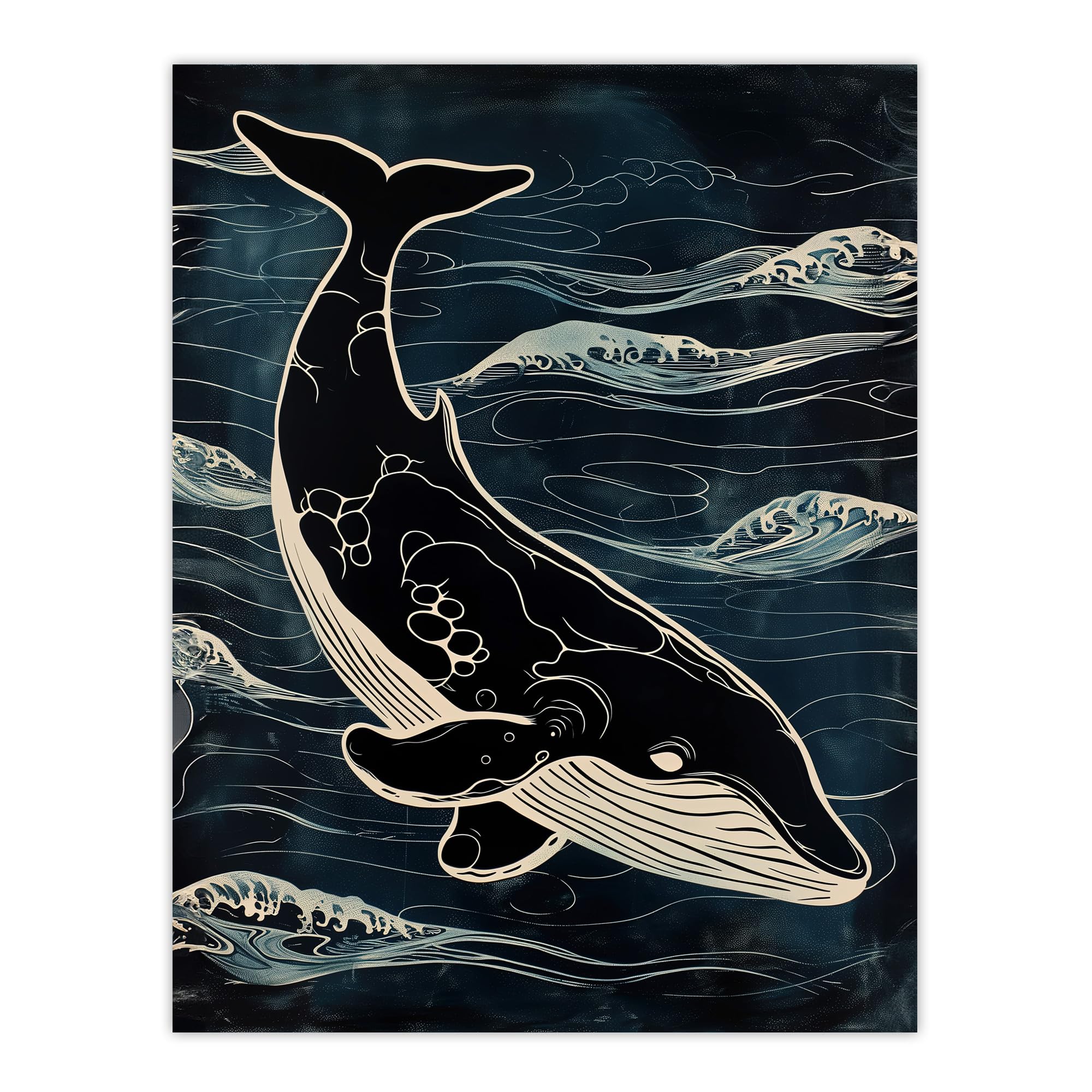 Artery8 Whale and Ocean Waves Pattern Woodcut Painting For Living Room Large Wall Art Poster Print Thick Paper 18X24 Inch