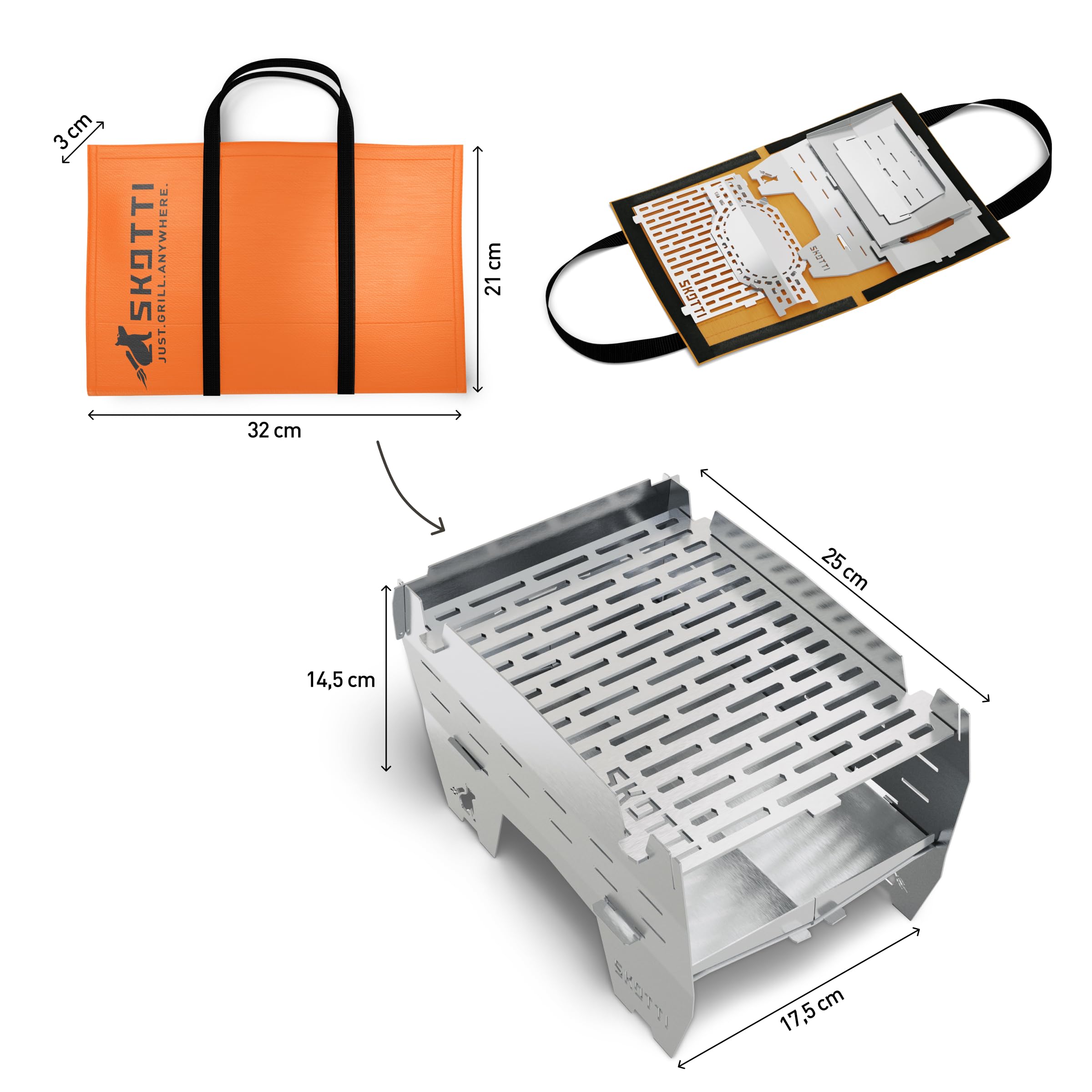 SKOTTI Mini, Holzkohlegrill, Campinggrill Holzkohle klappbar, Ideal für Camping, Balkon, Festivals oder Survival, Campingkocher für Holz, als Hobo Kocher und Survival Kocher nutzbar Solo Camping Stove