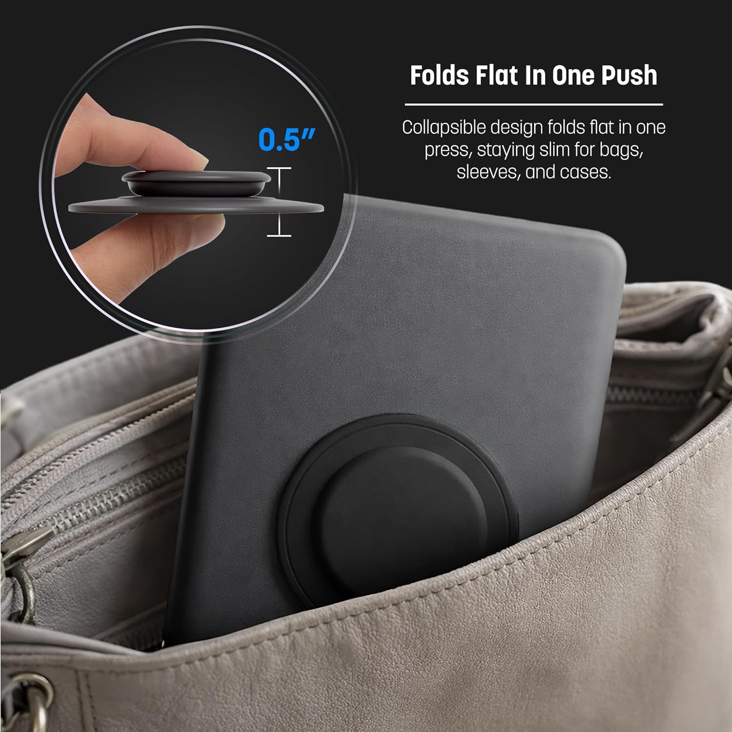 Image showing the GripMallow folded flat on a tablet, being placed into a bag, highlighting its slim profile.