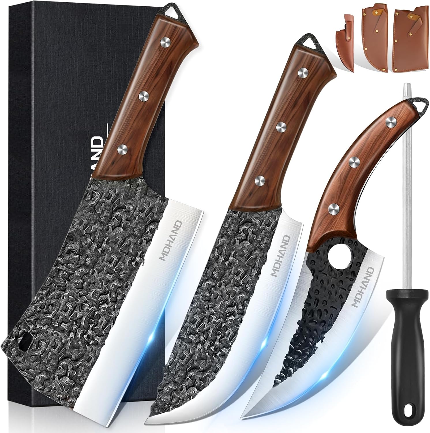 MDHAND Butcher Knife Set, 8PCS Hand Forged Butcher Chef Knife Set for Meat Cutting, High Carbon Steel Full Tang Kitchen Knives Set, Heavy Duty Meat Cleaver for Outdoor Camping BBQ, Gift for Men