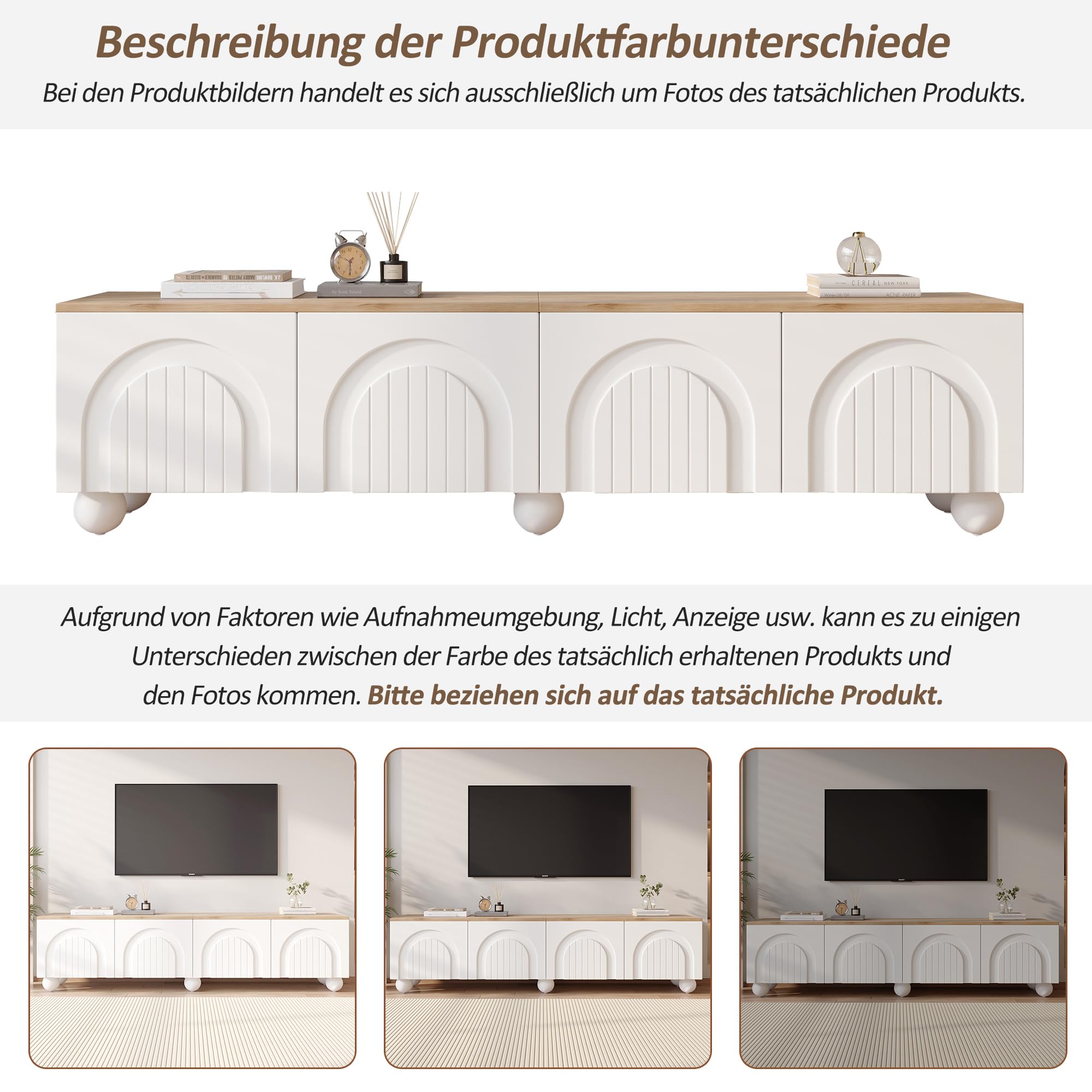 Armario de TV con 4 armarios, soporte para TV y armario de televisión con 6 patas de bola de metal, adecuado para televisores de 80 pulgadas, color madera + blanco, 180 x 40 x 45 cm