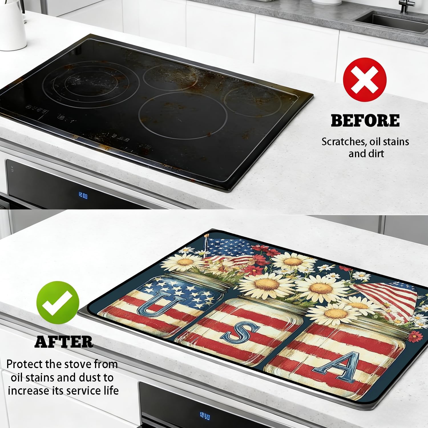 Patriotic Electric Stove Top Cover, Heat Resistant Glass Cooktop Protector for Kitchen Ceramic Countertops, Multiuse Stove Cover and Dish Drying Mat