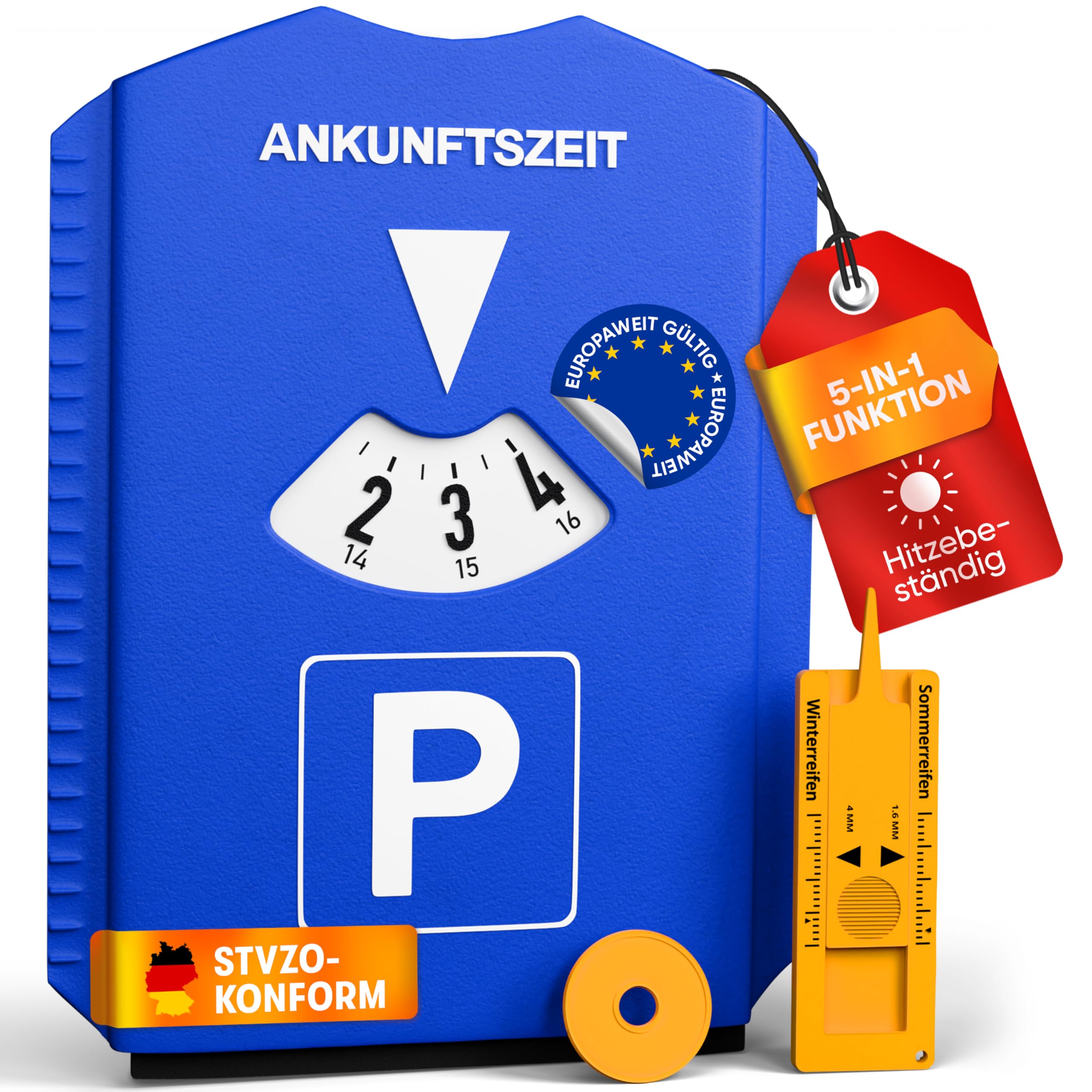PURAHELP® 5-in-1 Parkscheibe inkl. Einkaufswagenchip, Reifenprofilmesser und Eiskratzer (StVO konform) - Parkuhr Auto und Motorrad - Parkkarte - Parking disc