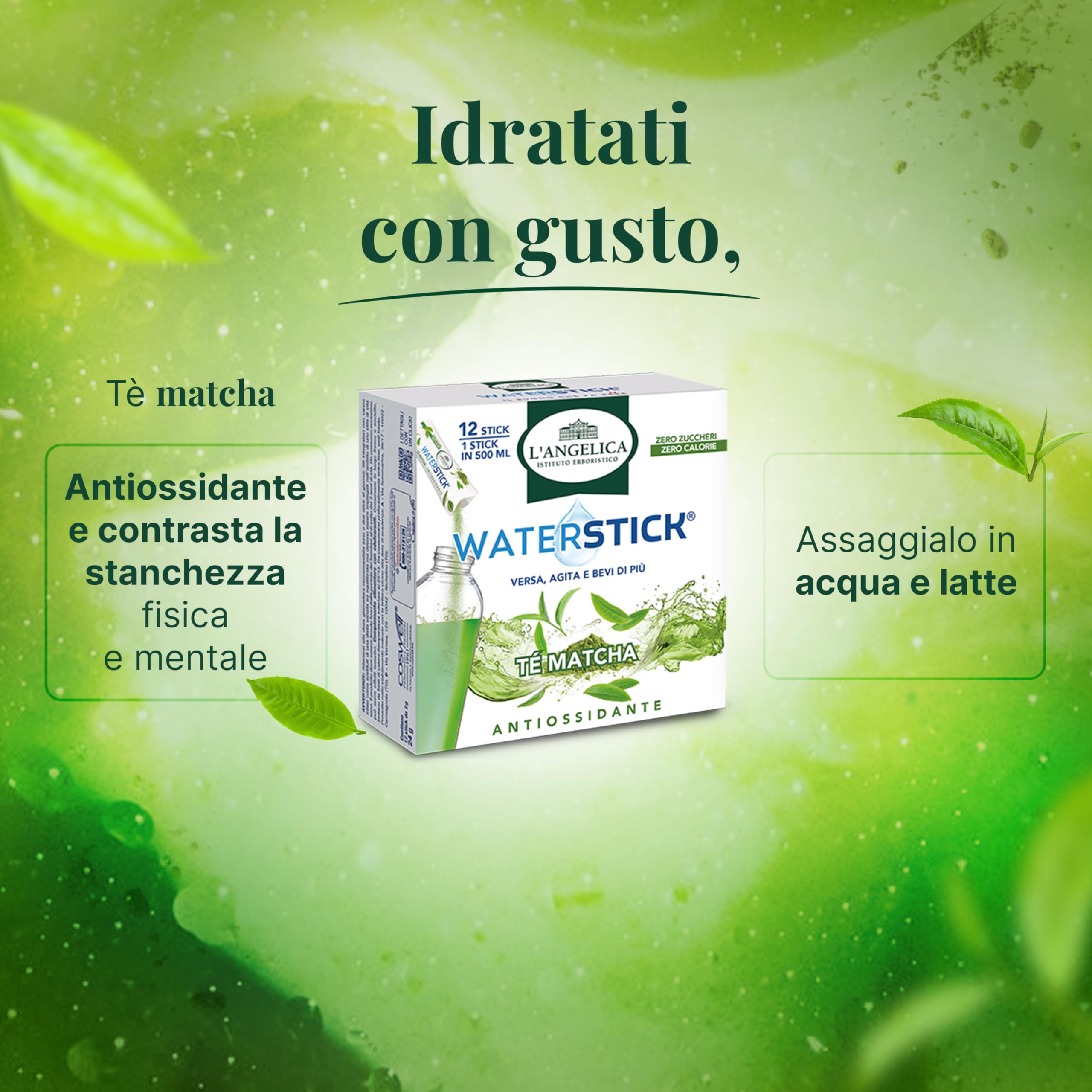 L'Angelica, Waterstick Antiossidante, Gusto Tè Matcha, Contrasta la Stanchezza Fisica e Mentale, Zero Zuccheri, Zero Calorie, Senza Glutine, Lattosio, Vegano, 6 Astucci da 12 Stick