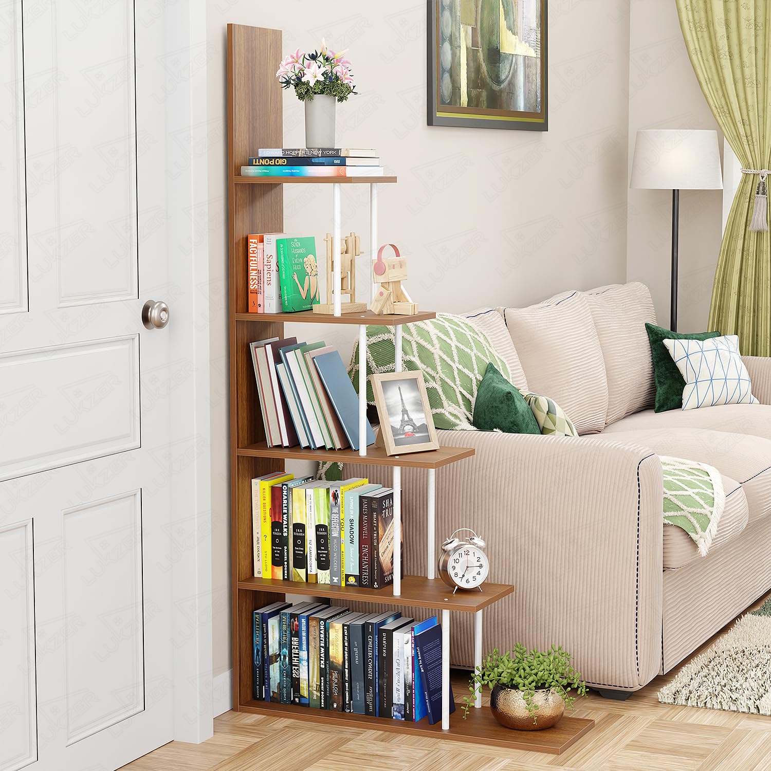 Lukzer 5-Tier L-Shaped Multipurpose Book Shelf | Unique Step Pattern in Stylish Engineered Wood for Home Library, Office, Bedroom & Living Room | Elegant Display Unit (MRM-015/Oak Brown/160x80x24cm)