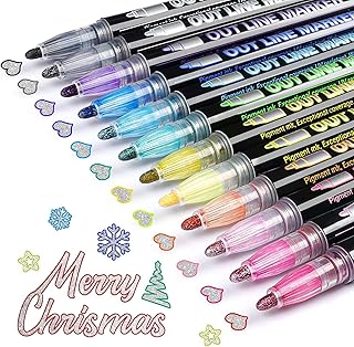 RIANCY Double Line Outline Markers 12 Colors Outline Metallic shimmer Markers Pens for Lettering, DIY Art Drawing Greeting Cards Craft Pens Projects Posters Painting Kid Journaling Journal