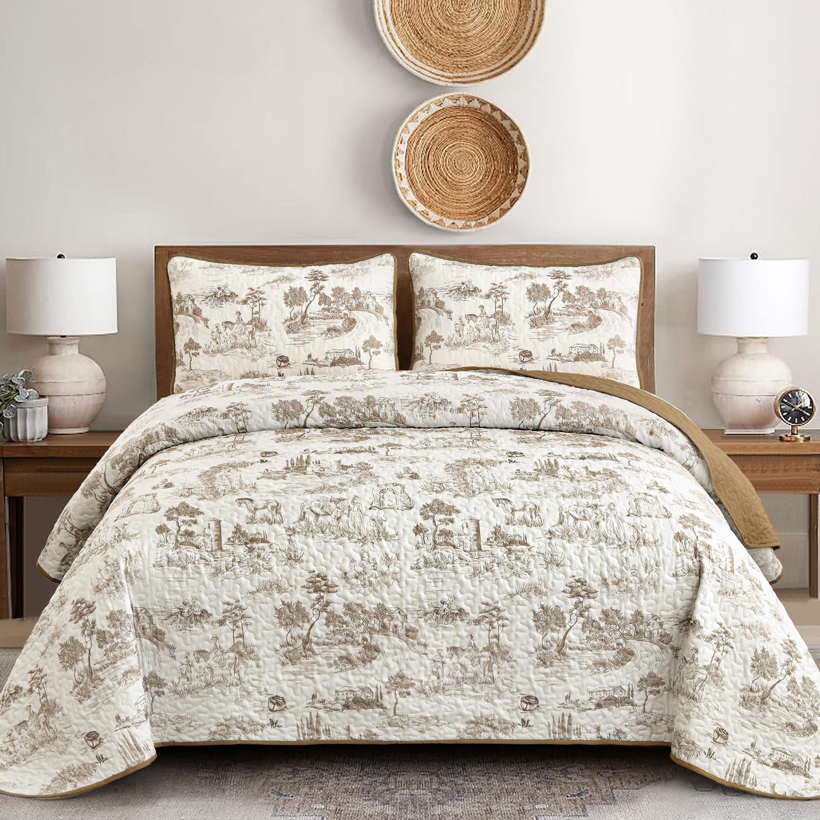 Drucon Botanical Quilt Set King 104x90, 3 Piece Khaki Plants Print, Microfiber, 2 Pillowcases 20x38