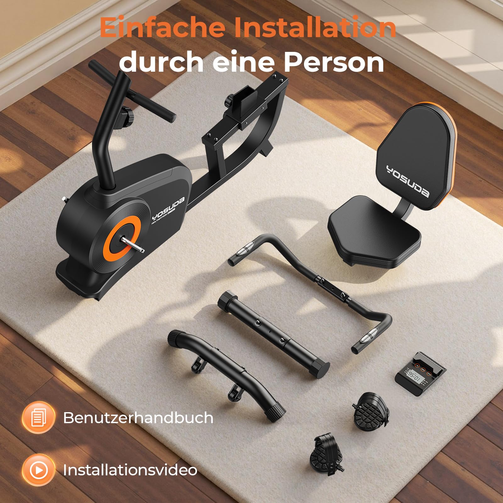 YOSUDA Liegeergometer Testsieger, 16 Widerstufen, Magnetbremse, Leise Liegerad Heimtrainer, verstellbarer Sitz, einfache Montage, LCD-Display und Pulssensoren, 160kg, Heimtrainer Fahrrad für Zuhause