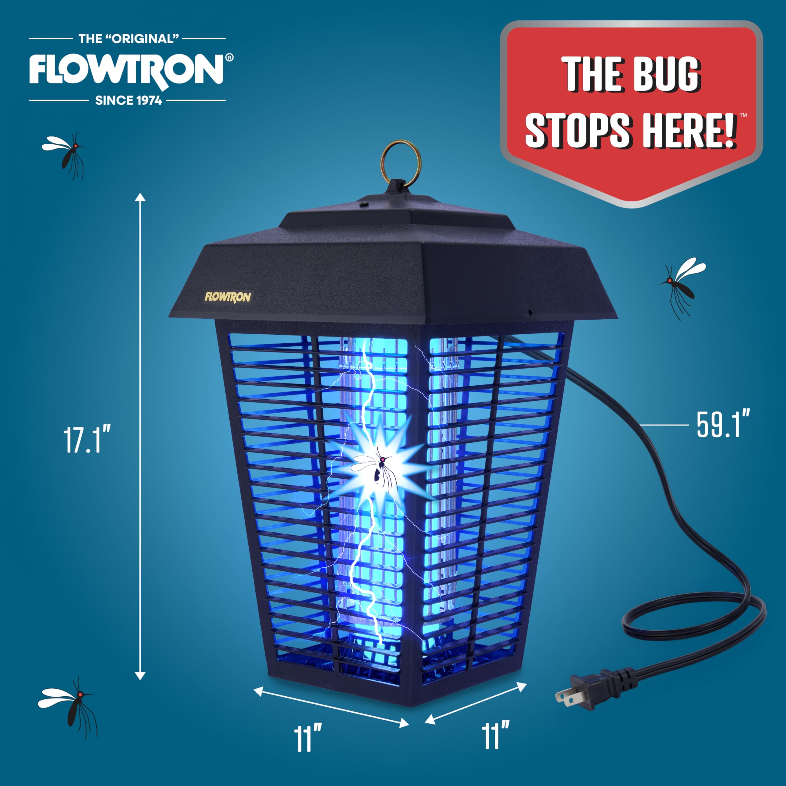 Flowtron Bug Zapper, zasięg zewnętrzny 1-1/2 akra z wydajną żarówką 80 W i siatką natychmiastowego zabijania 5600 V, owadami elektrycznymi, owadami elektrycznymi, muchami i moskitierami, wyprodukowano