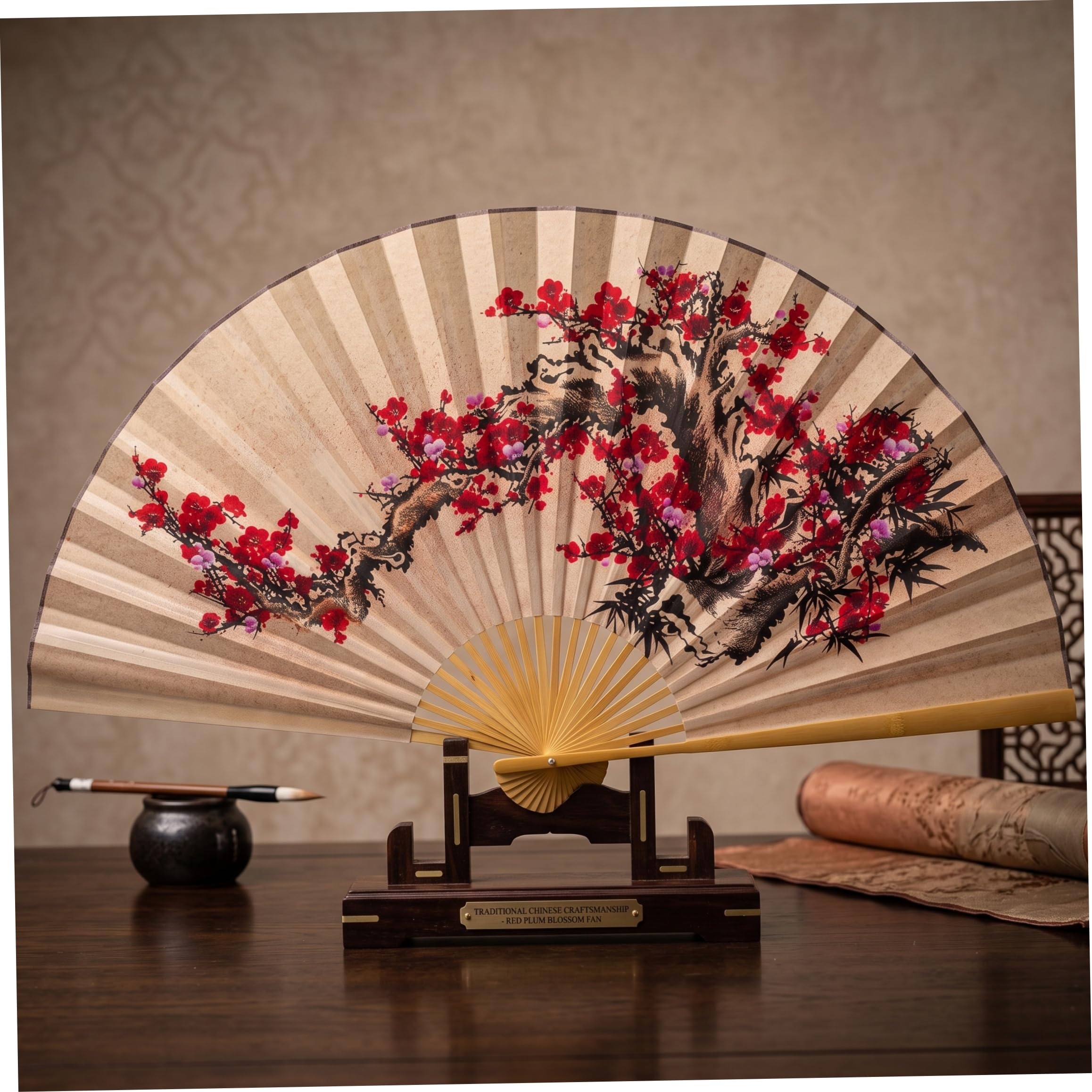 Decoración de pared de abanico chino, ciruela roja hecha a mano 24, 8x43, 3