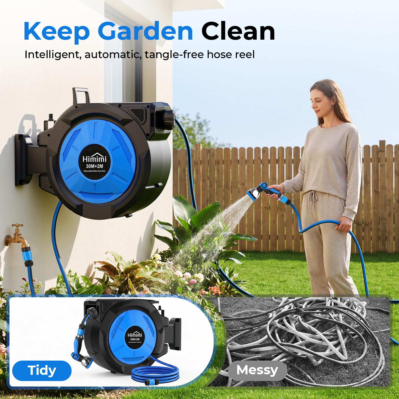Avvolgitubo retrattile da giardino, 1,27 cm x 30 m + 2 m avvolgitubo automatico retrattile per acqua montaggio a parete