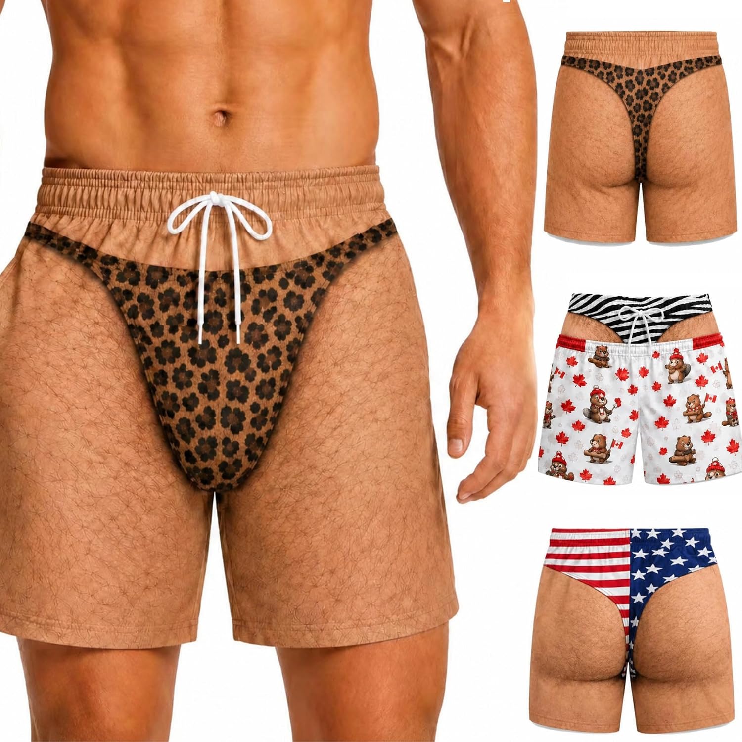 Funny Swim Trunks for Men Humor Beach Shorts Thong Hairy Big b ty for Him