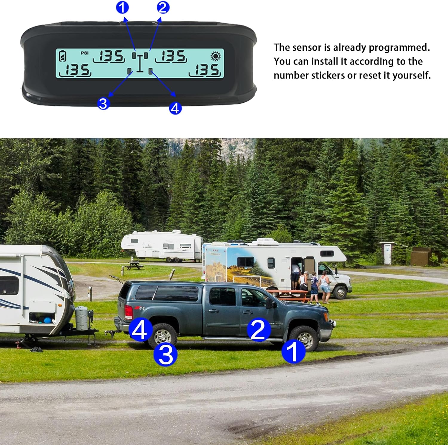 RV Tire Pressure Monitoring System, (0-199PSI) TB4 Black Trailer TPMS with 4 Sensors, 6 Alert Modes, Long Distance Signal Transmission for RV Trailer Trucks (4 Sensors)