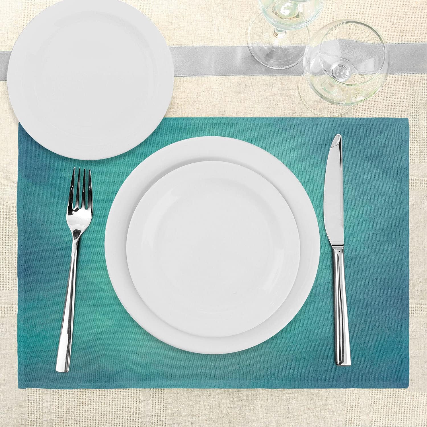 Ambesonne Teal Place Mats Set of 4, Retro Inspired Grunge Style Abstract Pattern Vintage Design Calming Color Scheme, Washable Fabric Placemats for Dining Table, Standard Size, Turquoise Blue