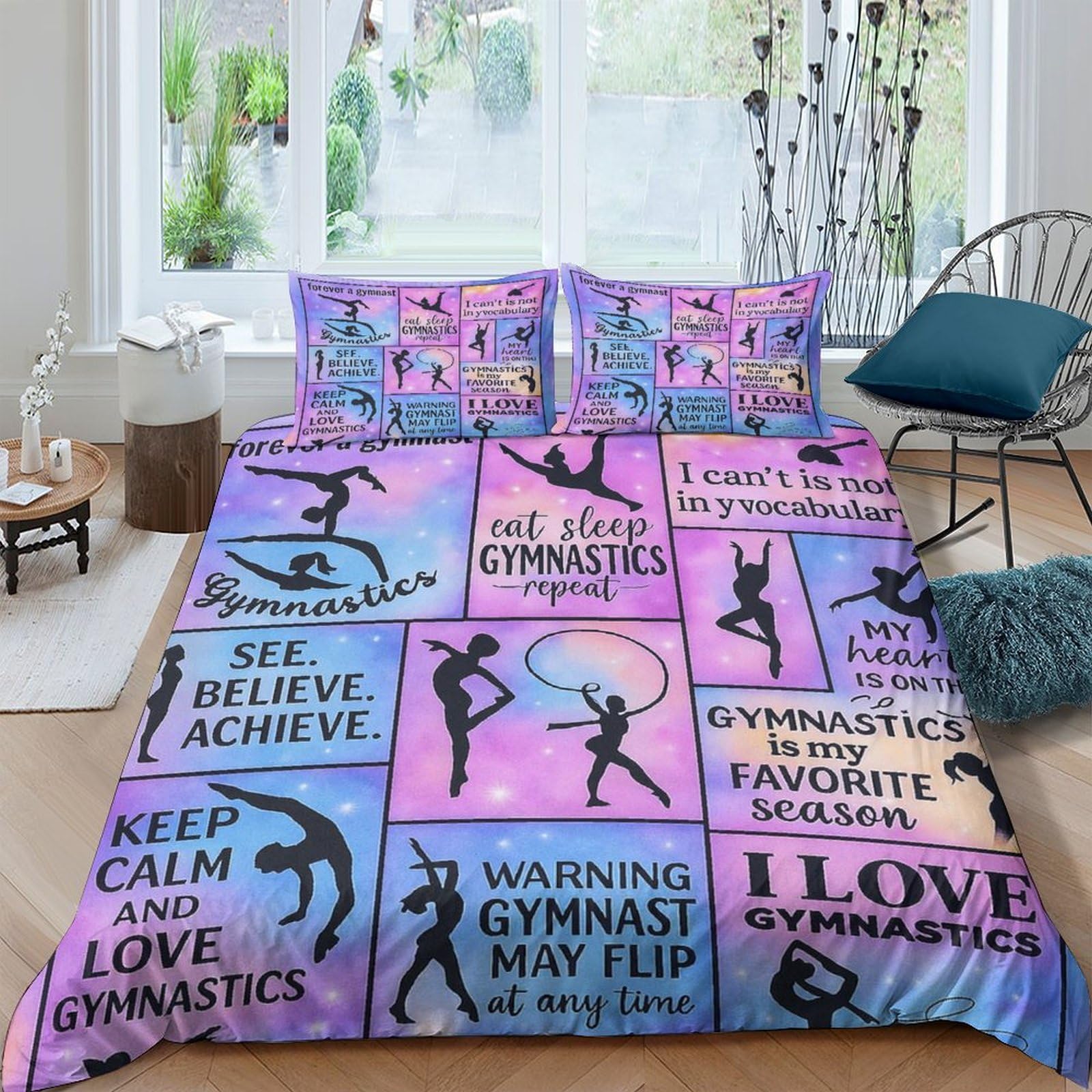 3D Soft Microfibre gymnastics quotes Bedding Quilt Cover Soft Bedding Set with Pillowcases vibrant motivational Duvet Cover All Season Easy Care Machine Washable for Men Women Kids Single（140x200cm）