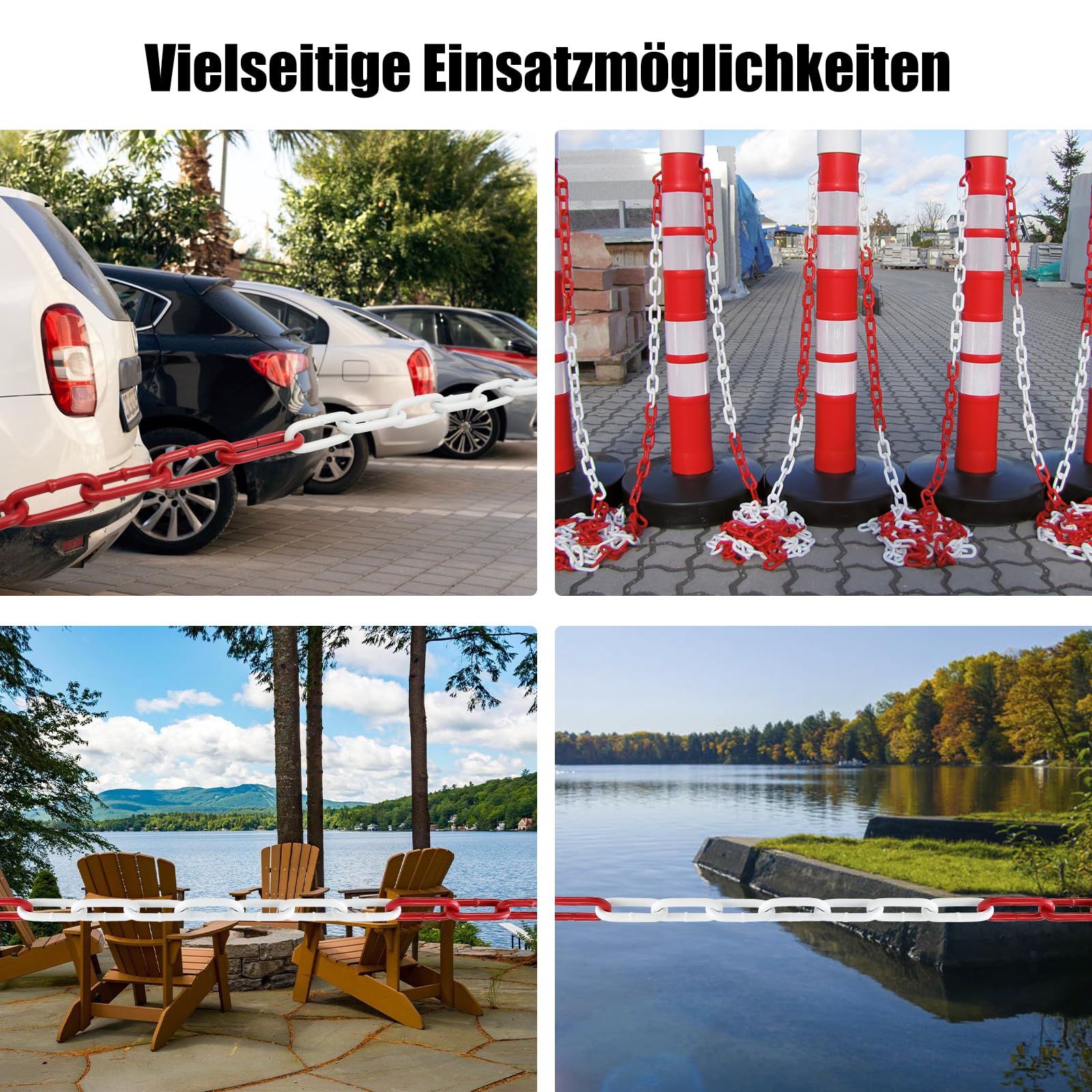 Absperrkette Stahlkette, 15M Rot Weiß Metall Warnkette Stahl Sicherheitskette 5mm Dicke mit Verbindungsschnalle, Gliederkette für Parkplätzen Baustellen Straßen (15 Meter)