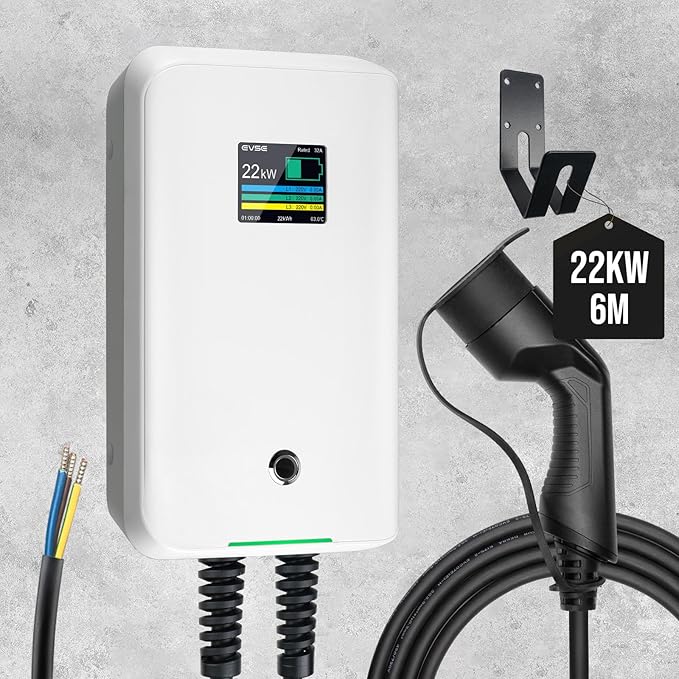 Morec Cargador Trifásico para Vehículos Eléctricos 22 kW con Cable de 6,1 m y Pantalla LCD