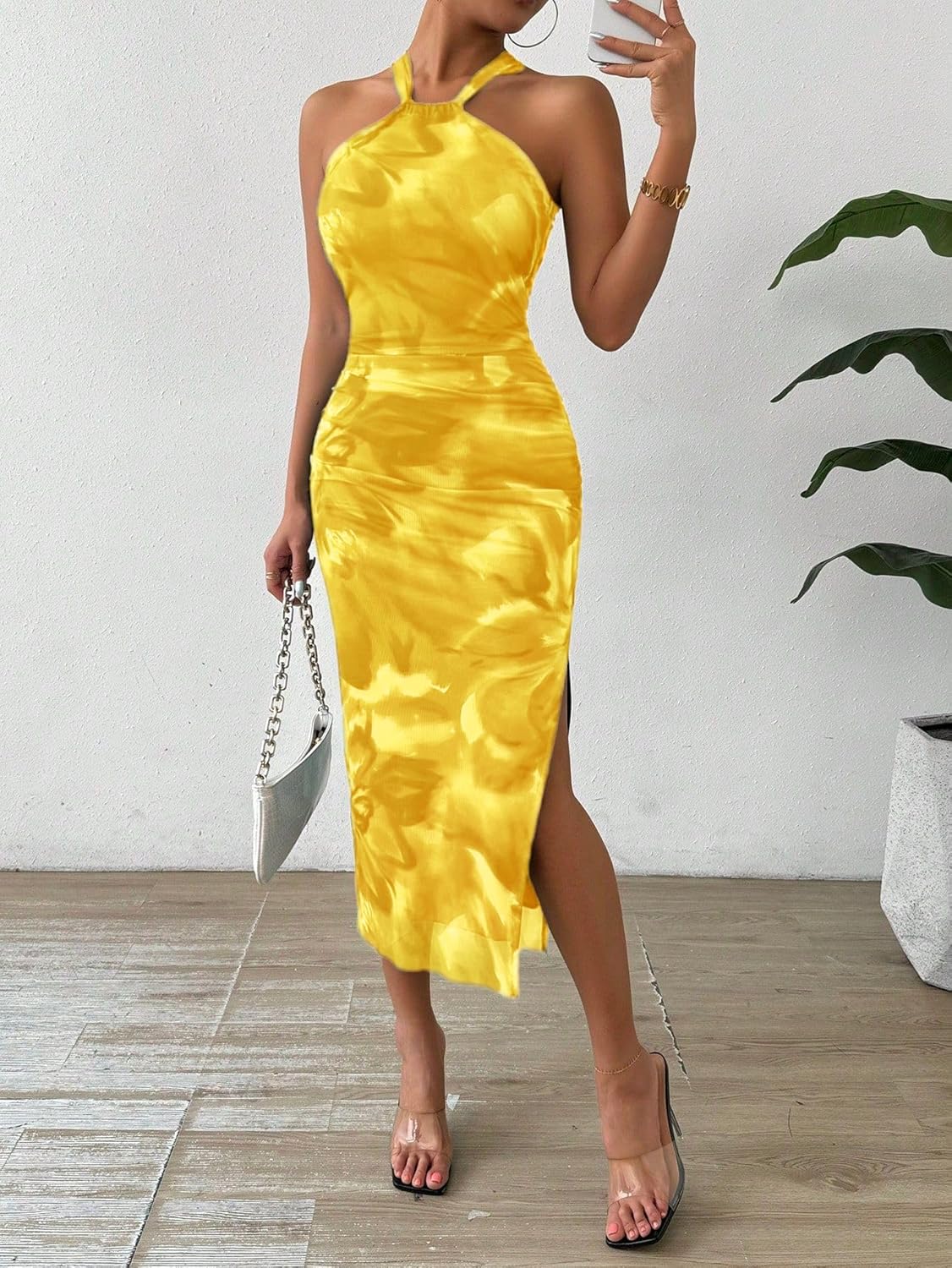 LIGHT DOT Women's Summer Halter Dress 2025 Midi Printed Bodycon Cocktail Ruched Side Slit Mesh Layered - Image 7