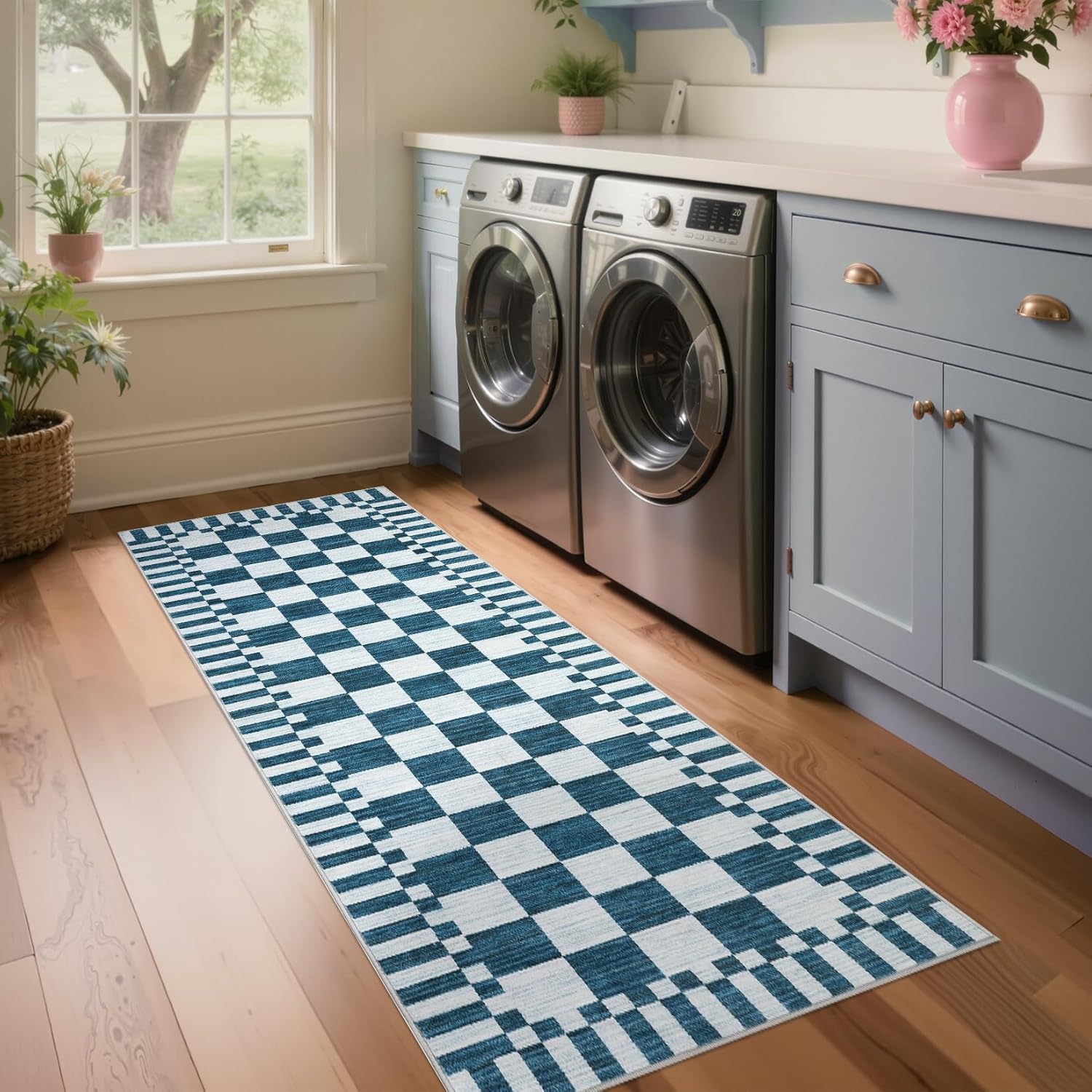 GarveeHome 2×6 Kitchen Runner Rug Non Slip,Blue and White Checkered Rug, Washable Runner Rug for Hallway Soft Low-Pile Geometric Modern Rugs for Entryway