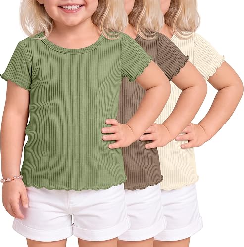 Mumucove 3 Pack Toddler Girls Short Sleeve Shirts Ribbed Knit Cotton Lettuce Tri