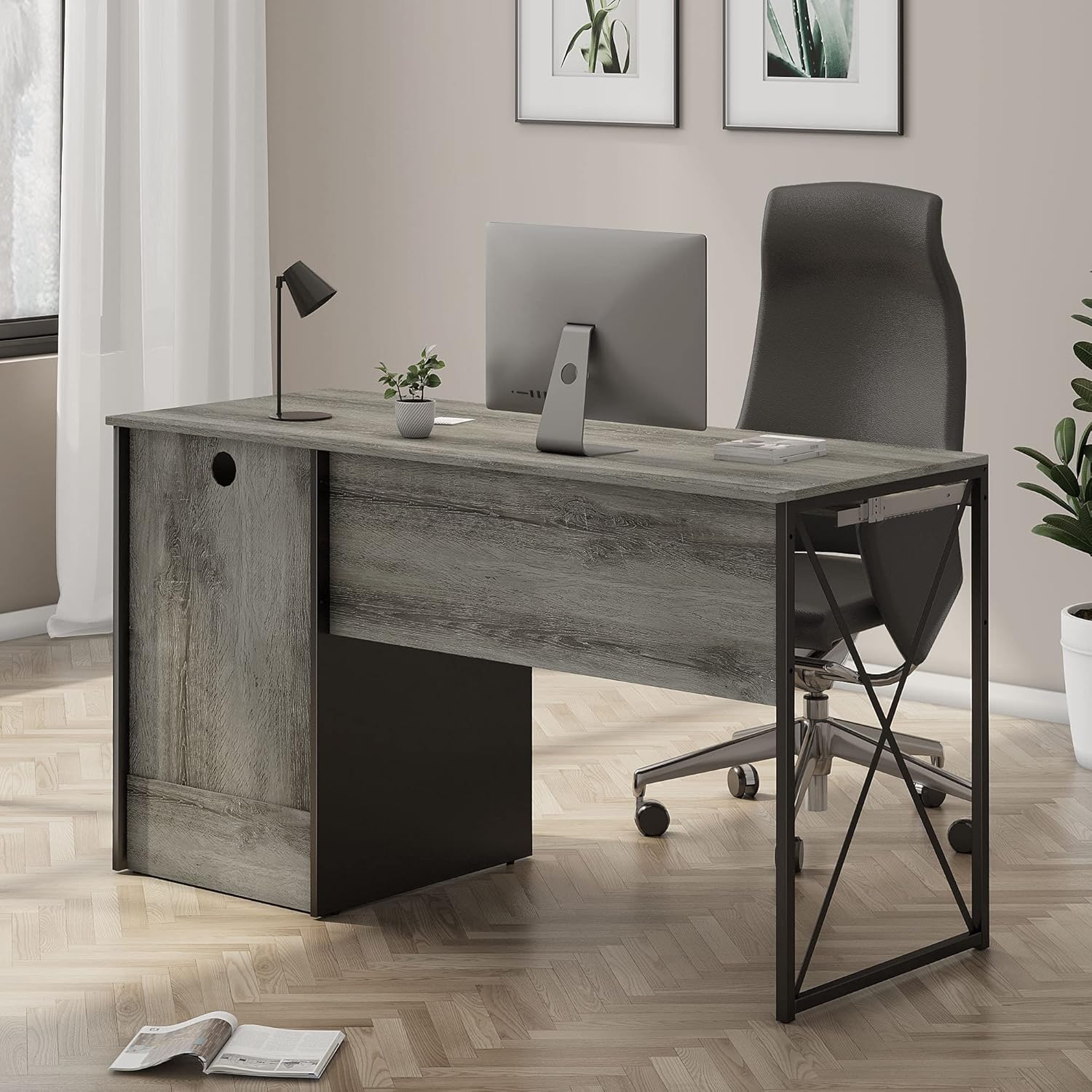 Bestier Office Desk with Drawers, 55 inch Industrial Computer Desk with Storage, Wood Teacher Desk with Keyboard Tray & File Drawer for Home Office, Dark Gray Oak