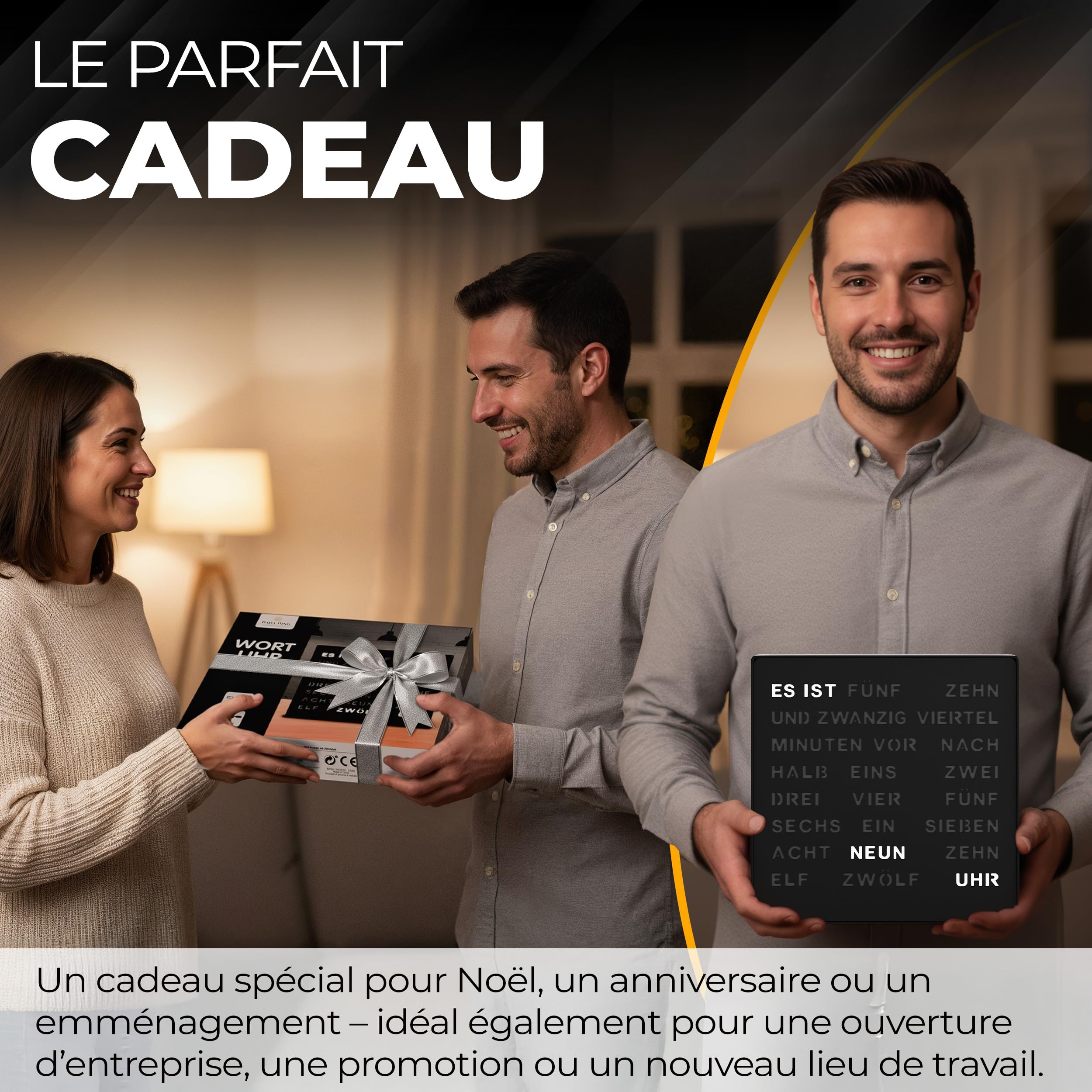 Bada Bing Horloge LED Noire avec Affichage du Mot Allemand - Horloge | en métal élégante avec câble USB - Horloge murale moderne - Horloge de table de qualité supérieure silencieuse à poser/à