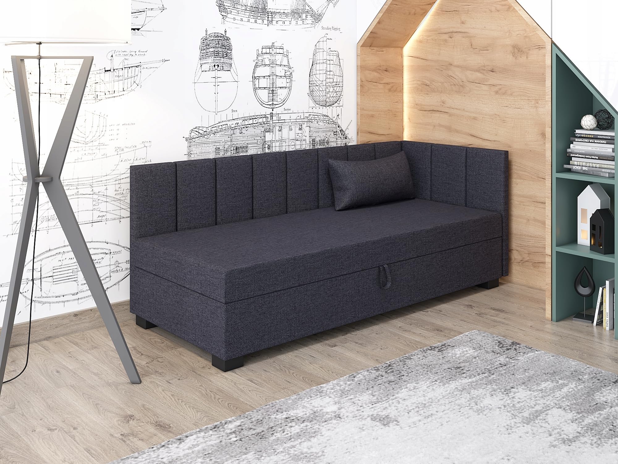 Boxspringbett Adel+ 93x198x42 cm mit Taschenfederkern Matratze, Bett mit Matratze, Polsterbett mit Bettkasten, Gepolstertes Einzel Bett, Schlafsofa - Graphit