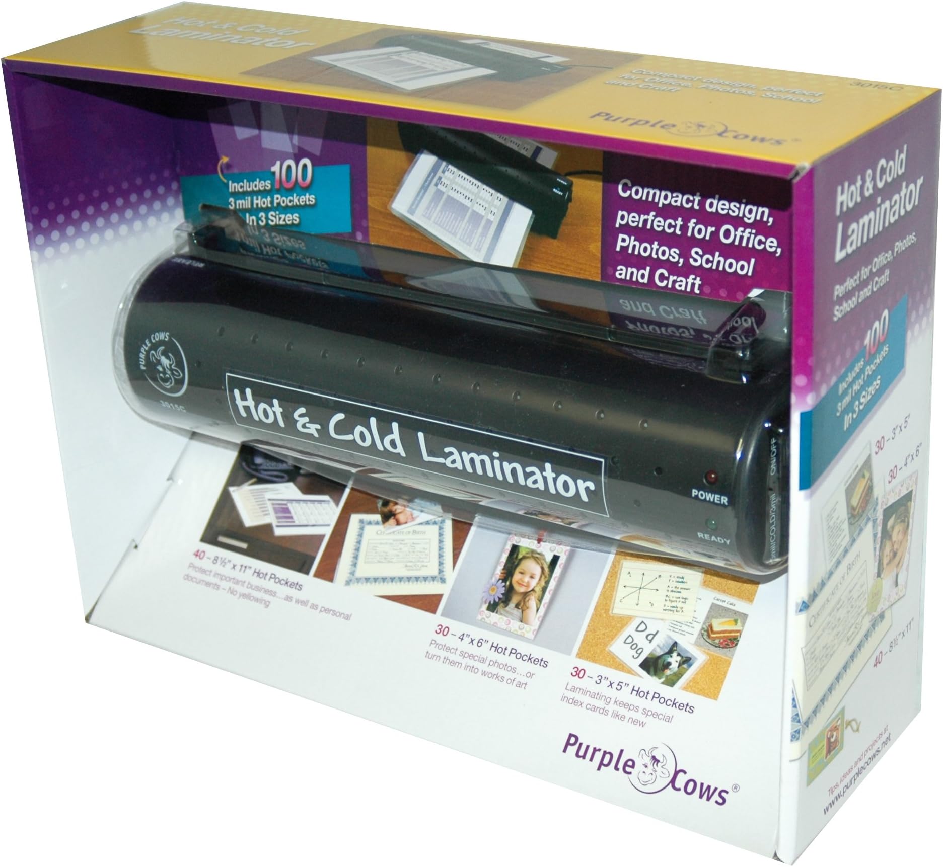 Purple Cows Hot and Cold Laminator, Includes 100 3 mil Hot