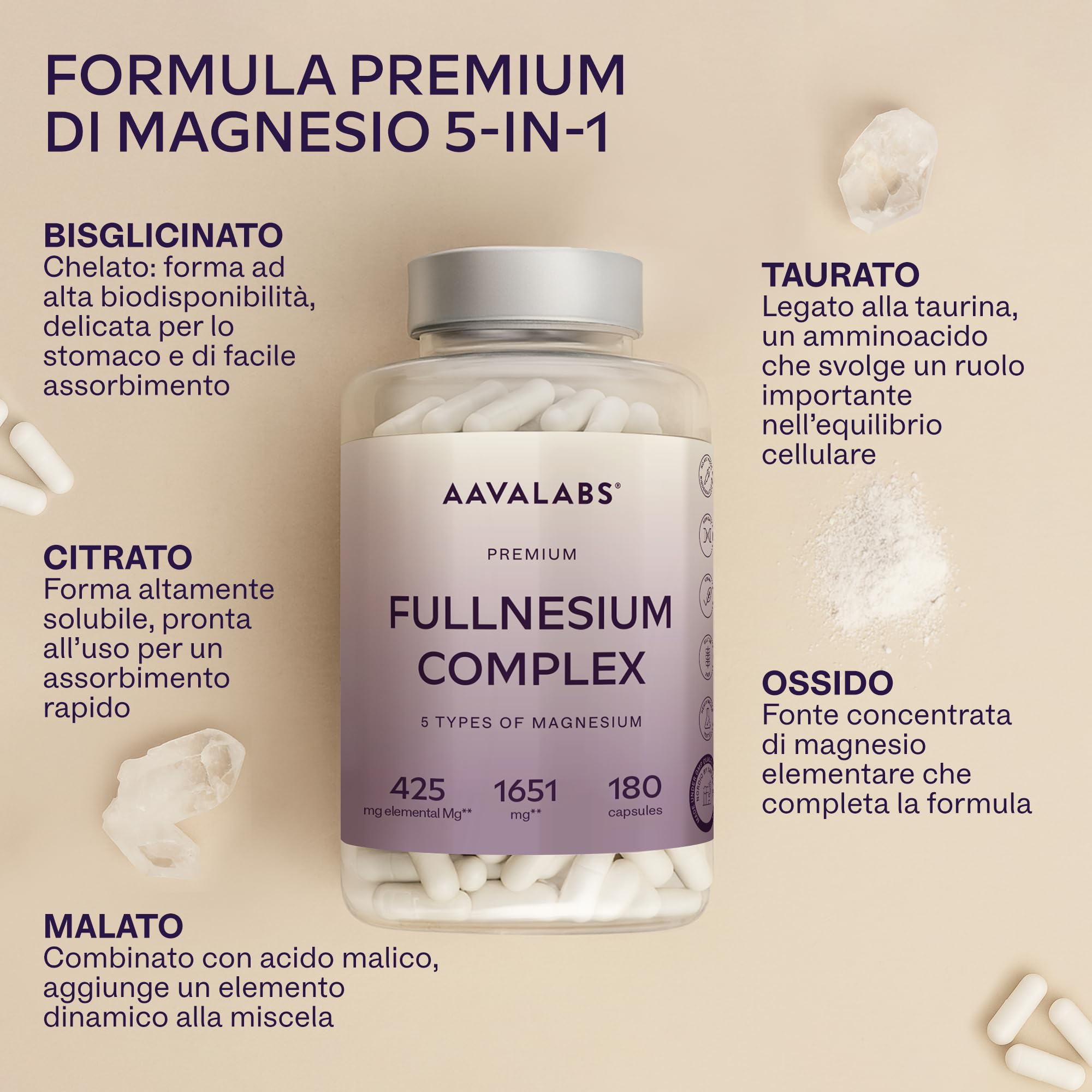 Magnesio Completo 1651mg | 5 Fonti di Magnesio: Citrato, Bisglicinato (Glicinato), Malato, Taurato, Ossido - 425mg Mg Elementare - Integratori Stanchezza - Integratore Donna e Uomo - 180 Capsule