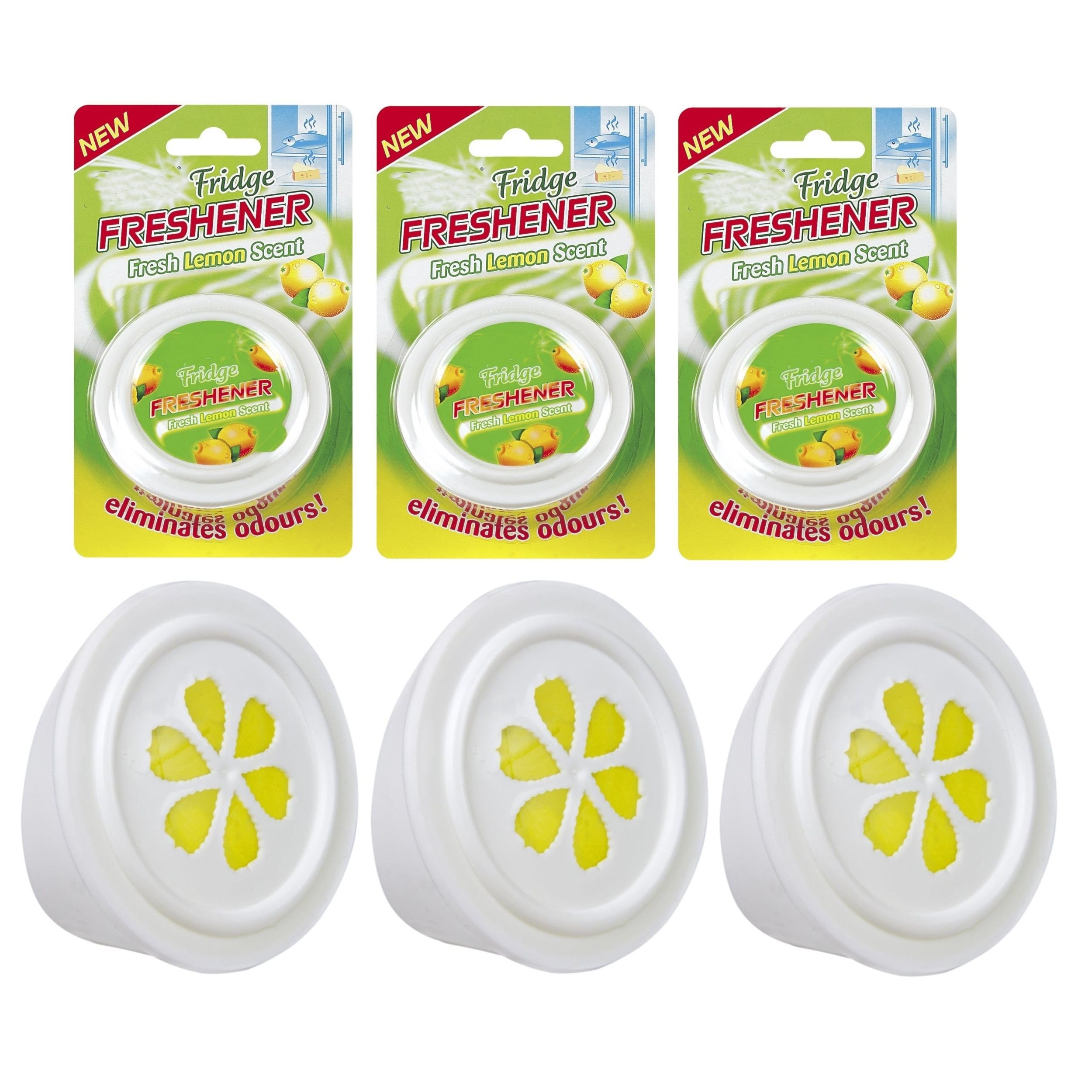 3 Lemon Scented Fridge Deodoriser Fresheners - Fridge Odour Eliminator- Lasts Up To 3 Months - Portable Free Standing Fridge Freshener.