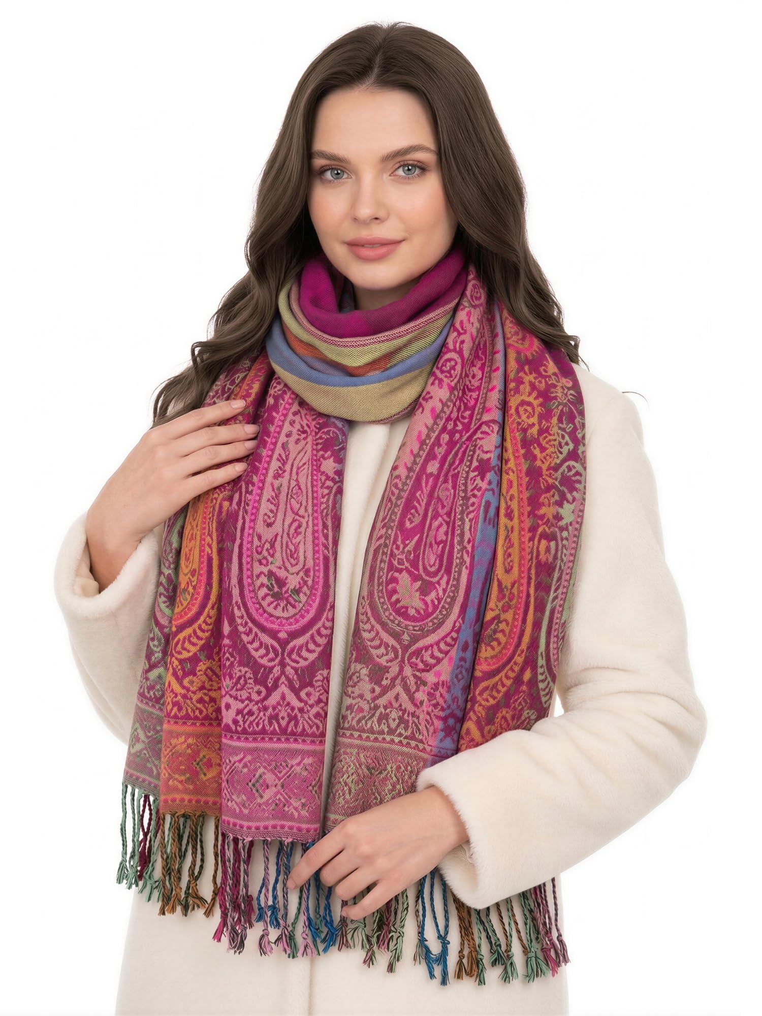 InStyle Bags Women's Large Multicolour Pashmina Shawl Scarf, Woman Rainbow Coloured Scarf, Bright Multi Colour Wrap, Lightweight Summer Evening Paisley Floral Stole Winter (rainbow paisley pink)