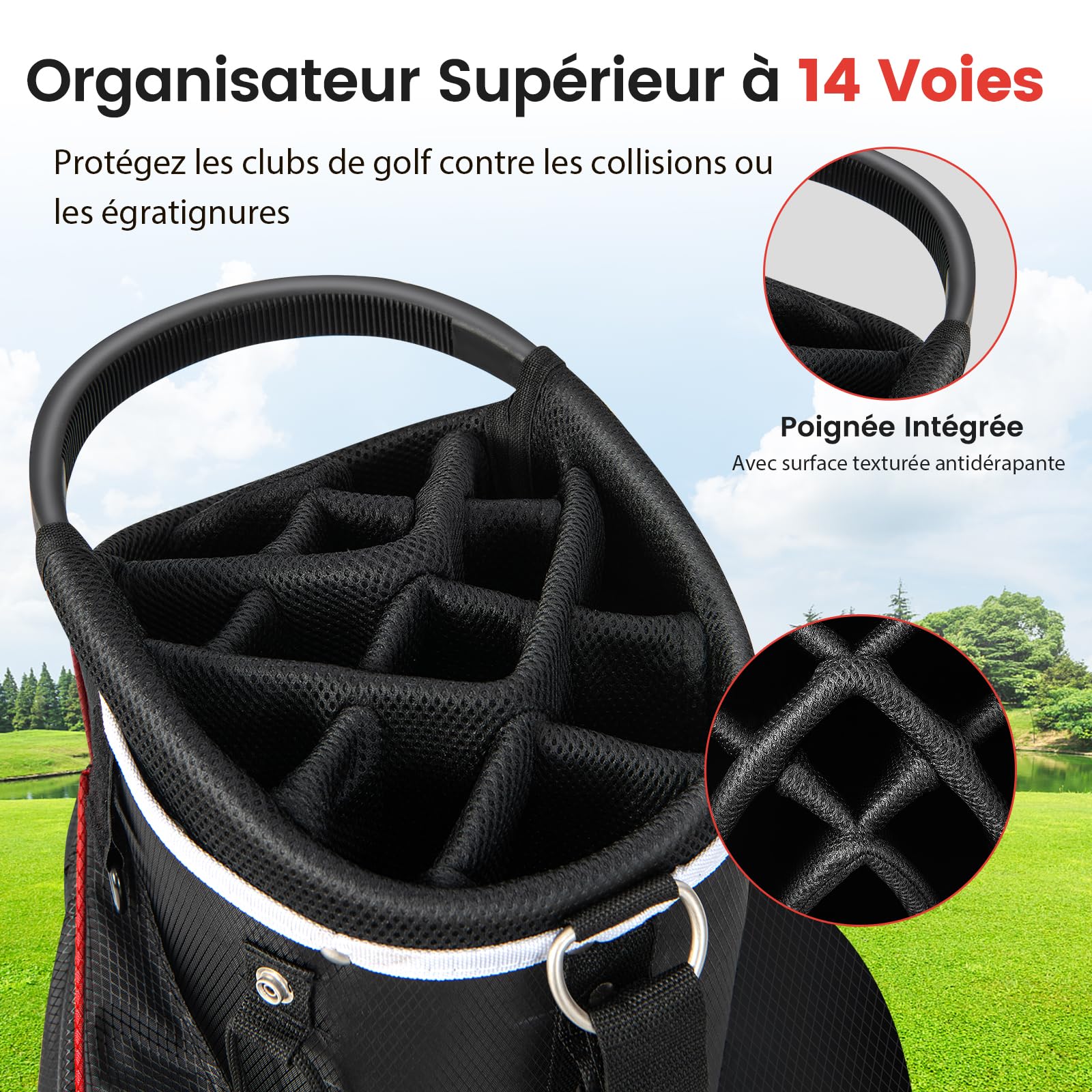 COSTWAY Sac de Golf avec 14 Compartiments, Sac de Club de Golf Portable avec 9 Poches Zippées Glacière Compartiment à Chaussures Porte-Parapluie et Housse de Pluie