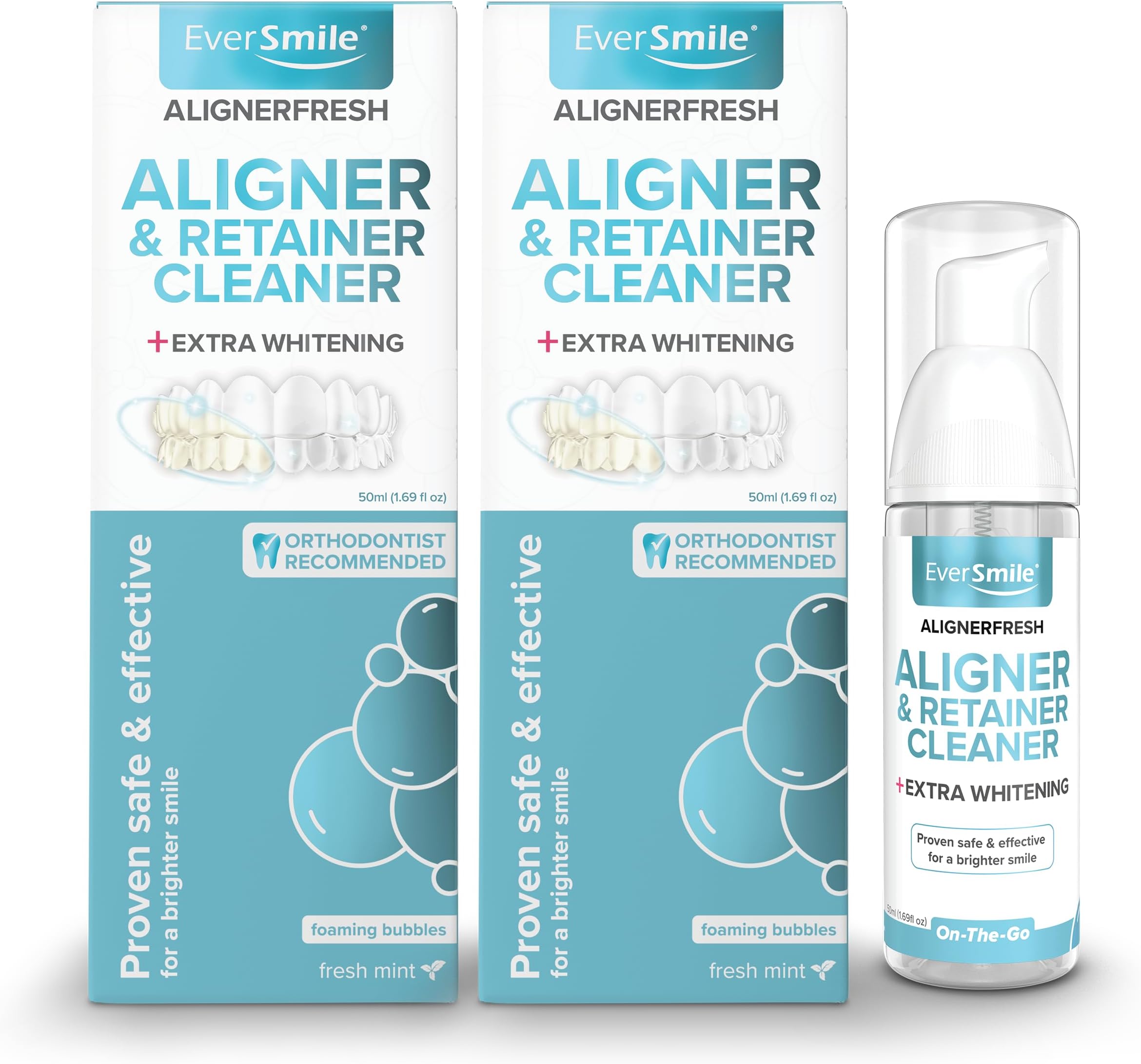 AlignerFresh Extra Whitening Foam – Cleaner Compatible w/Invisalign and All Clear Aligners and Retainers – Eliminates Bacteria, Whitens Teeth, Fights Bad Breath – 50ml (2 Pack)