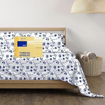 THREAD SPREAD Egyptian Cotton Queen Sheet Set - Luxury 600 Series Sheets Queen Size Bed Set 4 PC, Floral Blue, 16" Deep Pocket All Around Elastic, Soft, Sateen Weave, Durable Hotel Bed Sheet Sets