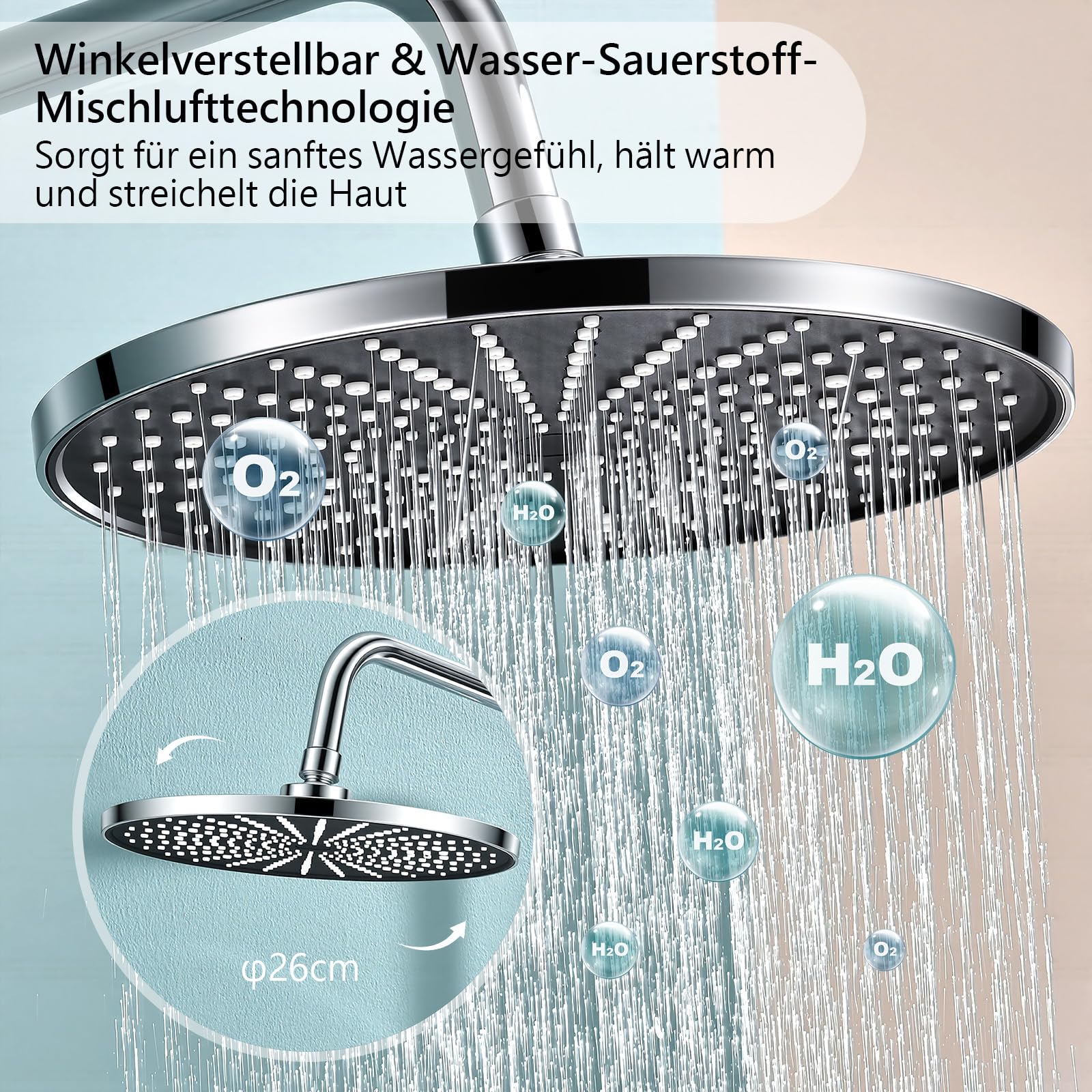 Duschsystem ohne Armatur höhenverstellbar 26 cm runde Regendusche & Handbrause mit 3 Strahlarten Duschset ohne Armatur Edelstahl schnelle Montage