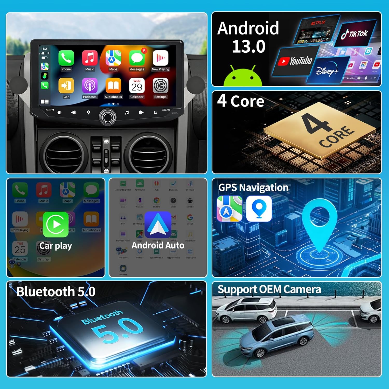 4Core 64G Car Radio Stereo for Jeep Wrangler JK 2007-2018 Upgrade 10.88 Inch Touch Screen with CarPlay Android Auto Wrangler JK Radio Upgrade Support GPS Navigation SWC Backup Camera