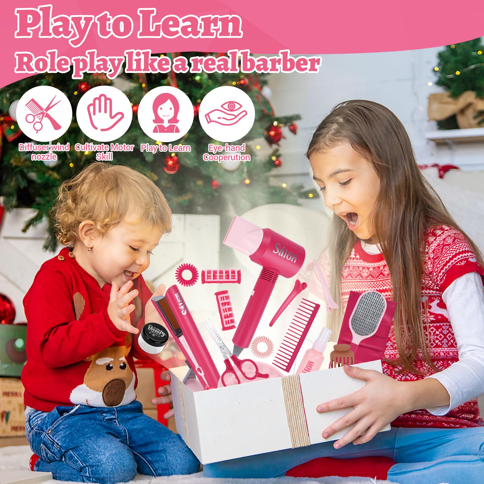 Friseur Set Kinder,Schminke Friseur Beauty Sets,25-teilig Schönheitssalon-Set Modespiel mit Haartrockner,Spiegel,Friseurkoffer Kinder Rollenspielset für Jungen und Mädchen ab 3 Jahren - Rose