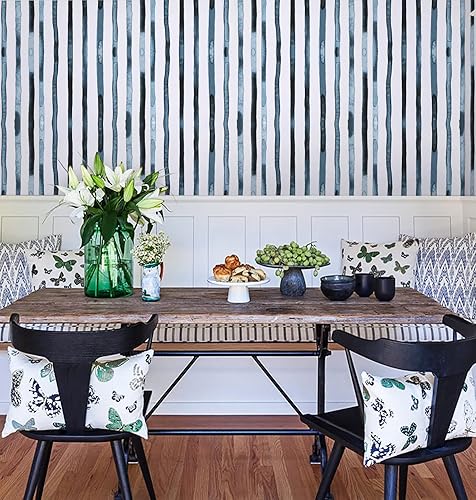 Miniatura 5 de Guvana Papel tapiz de rayas azules y blancas, papel tapiz de acuarela azul marino, papel tapiz autoadhesivo extraíble, papel tapiz de 17.3 x 118