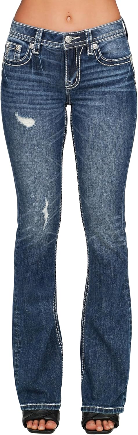 Miss Me Women's Mid-Rise Vera Fleur de Lis Faux Flap Pockets Bootcut Jeans
