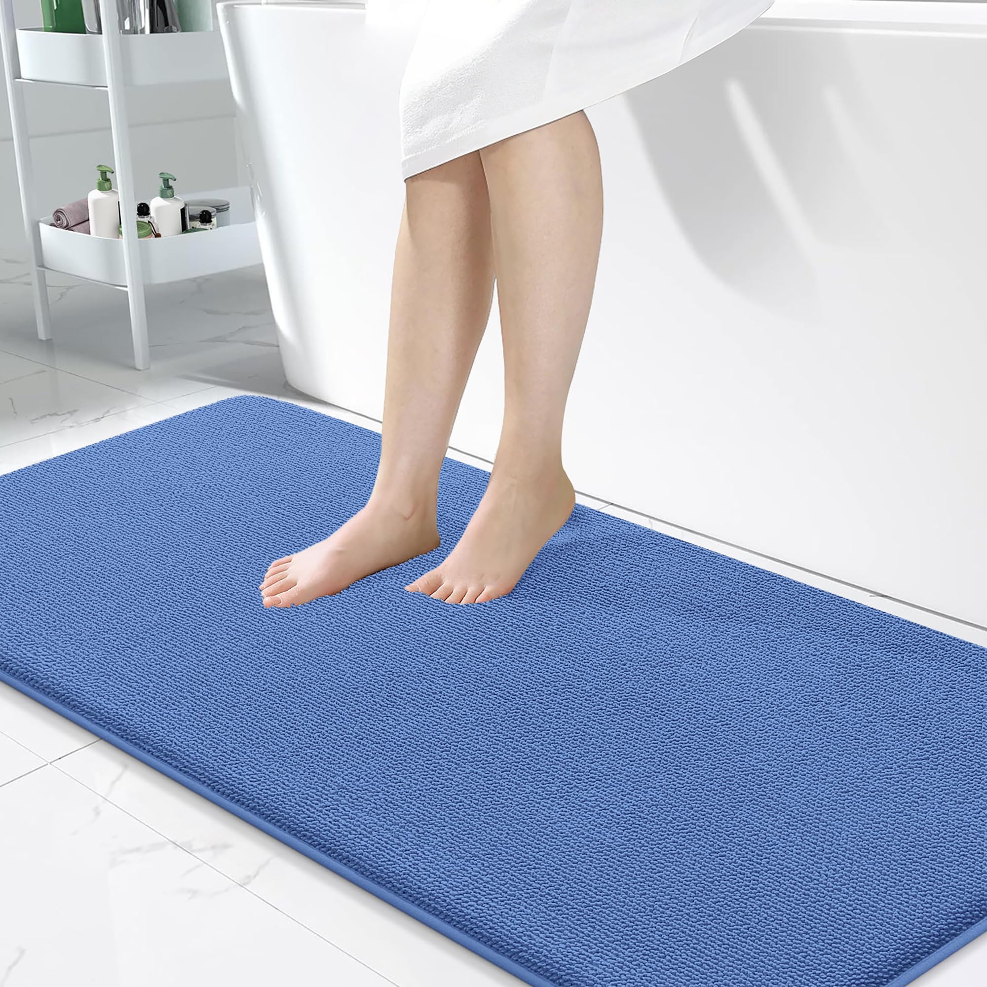 OLANLY Memory Foam Bathroom Runner Rugs 47x24, Long Mats, Cornflower Blue