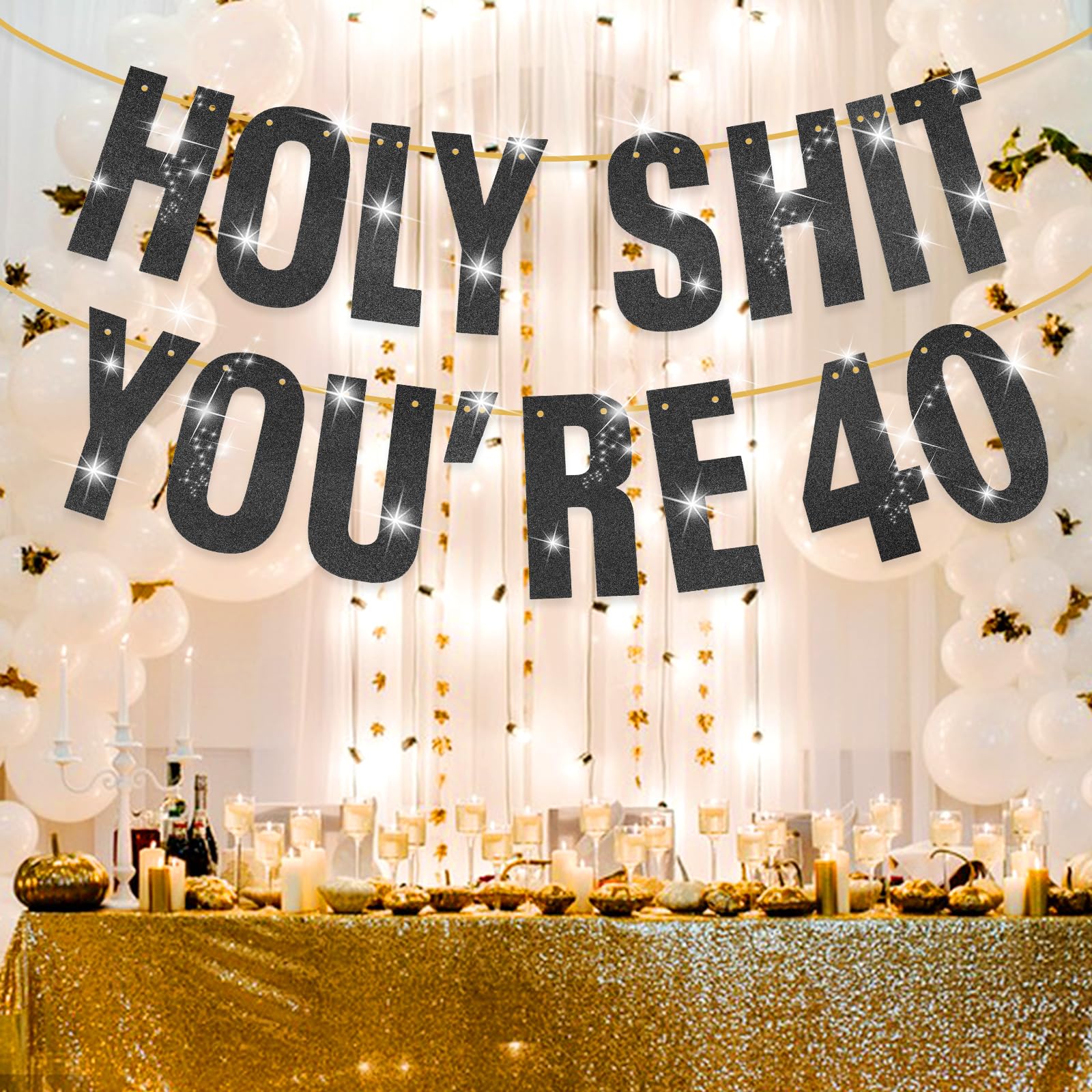 Qttier Pre-strung 40th Birthday Decorations Banner - Pink Glitter 'Holy Shit You're 40' Sign With Foil Fringe Curtain, Funny 40th Bday Party Supplies
