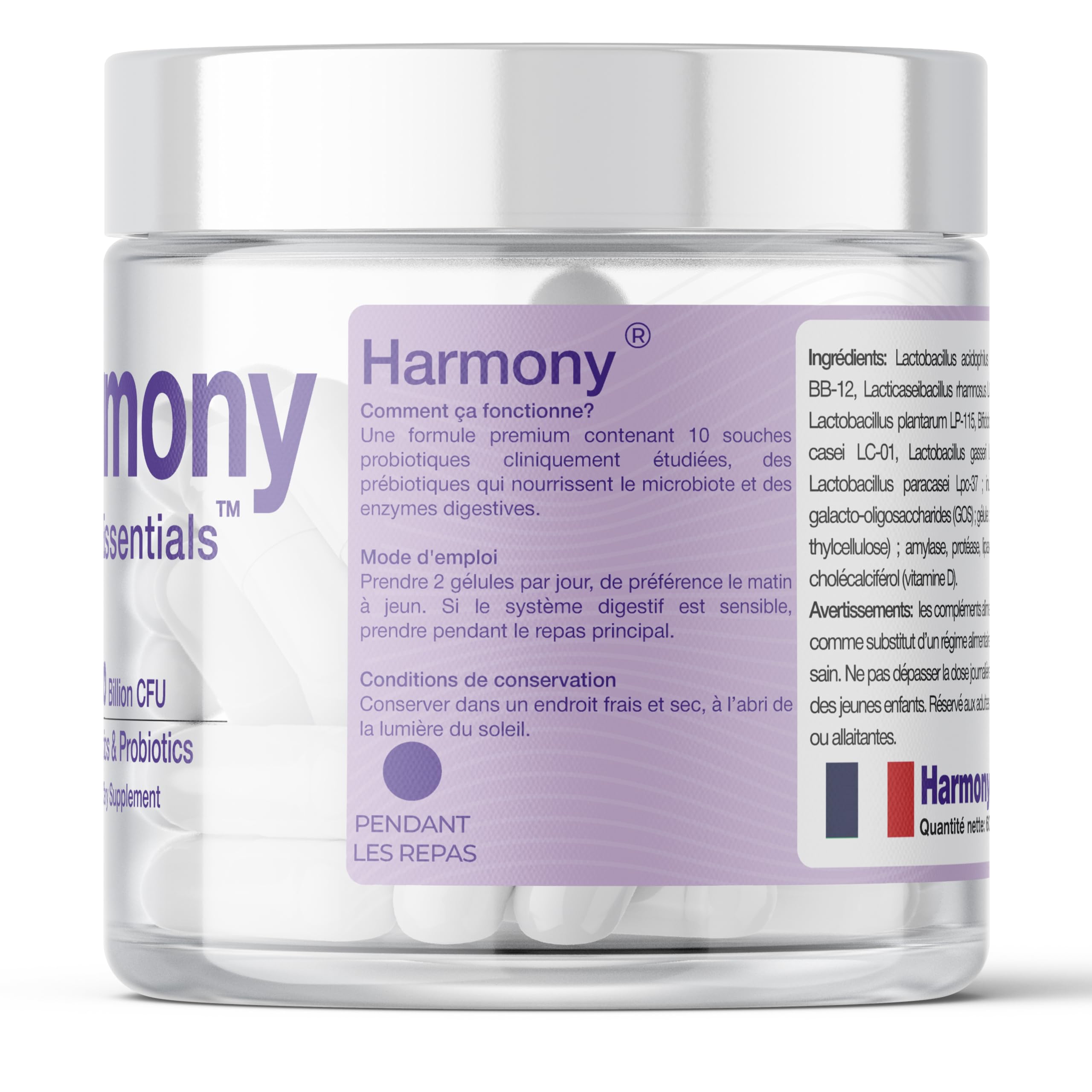 Harmony – Probiotiques & Prébiotiques – 260 Milliards UFC & 10 Souches – Soutien immunitaire – Inuline FOS GOS + Enzymes Digestives + Vitamines C & D3 – 90 Gélules Végétales