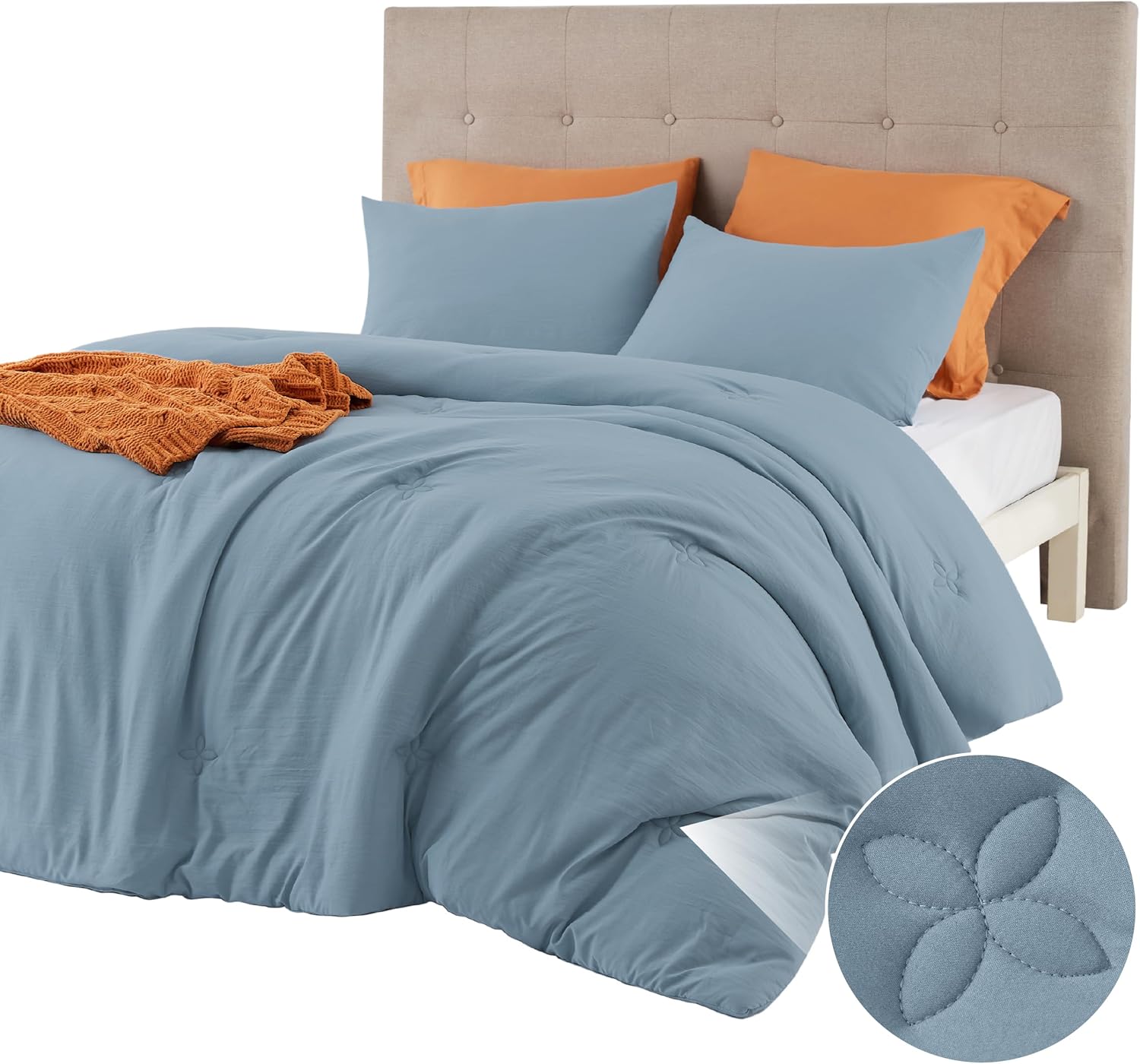 Bedsure Queen Comforter Set Mineral Blue, Soft Prewashed Queen Size Bedding, Quilted Comforter with Clover Design, Down Alternative Comforter for All Seasons, 3 Pieces Bed Set with 2 Pillow Shams 04-mineral Blue-clover Queen