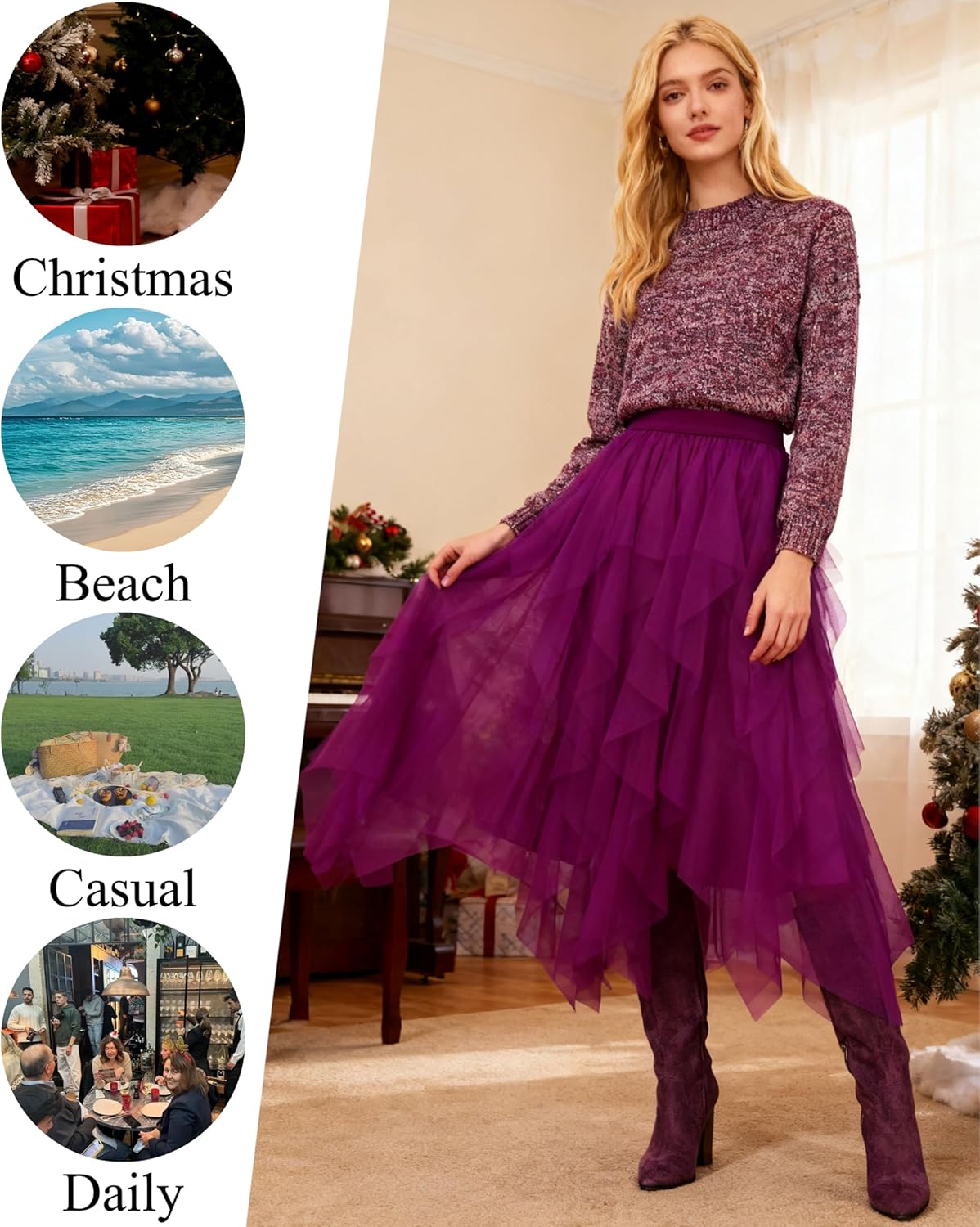 Tulle Skirts for Women A Line Fairy Tiered Skirt Midi Length High Elastic Waist Long Skirt - Image 5