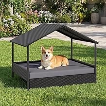 COSTWAY Outdoor Dog Bed, Raised Rattan Dog Bed with Removable Cushion & Roof Protection, Weatherproof Pet Bed for Small and Medium Dogs up to 60 kg, 98 x 69 x 74 cm (Grey)