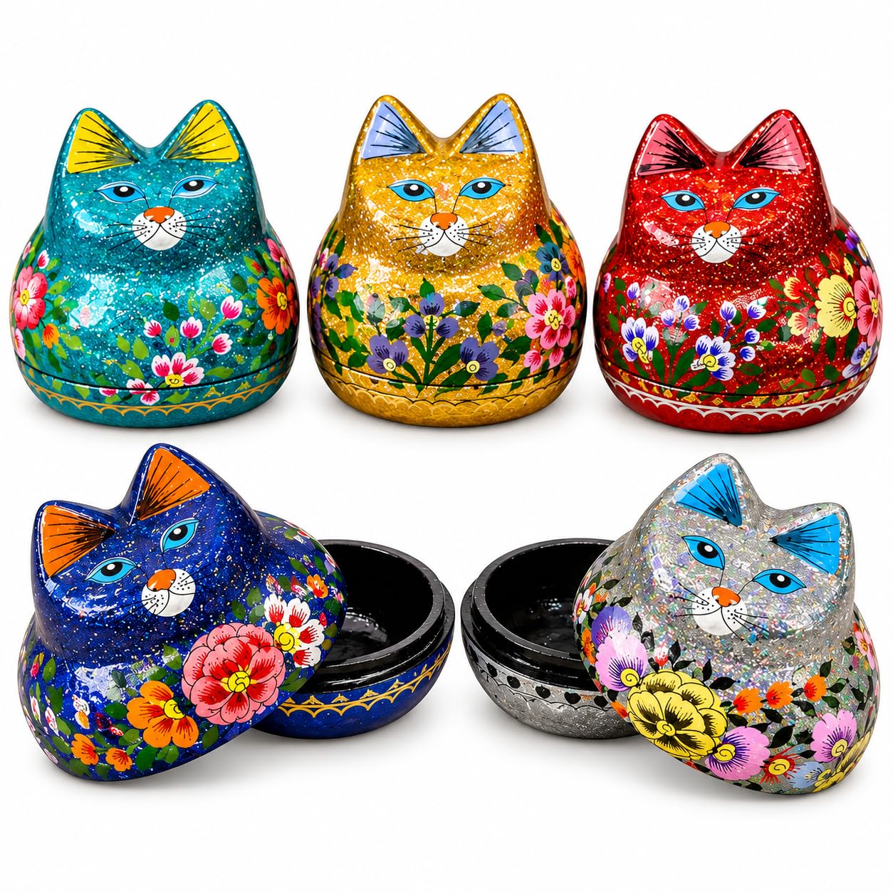 set of 4, 3 inch size, handmade box, hand painted, paper mache cat box, paper mache box with lid from India-picture-42