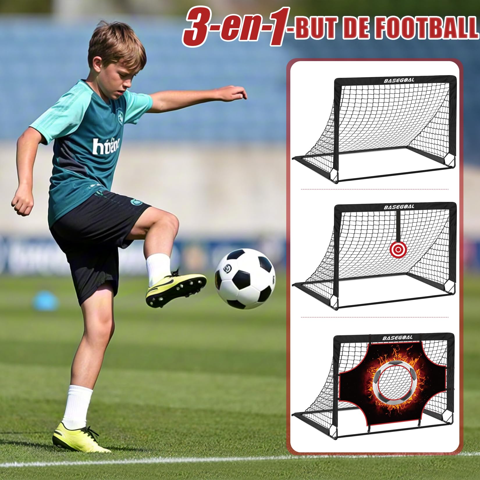 BaseGoal 3 en 1 Cage de Football pour Jardin 120x90cm | But de Foot Exterieur Pliable avec Cible Suspendue, Ballons de Football et Cônes de Football pour Adolescents
