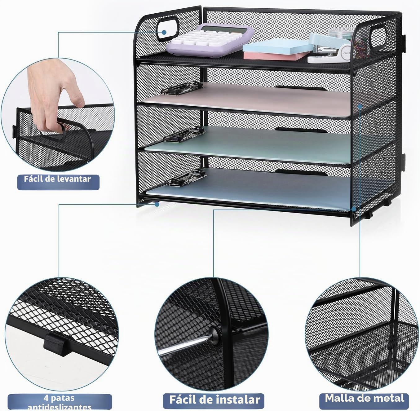 LATERN Bandeja de Malla Metálica 4 Niveles 32CM x 28CM x 24CM Organizador Extraíble para Archivadores